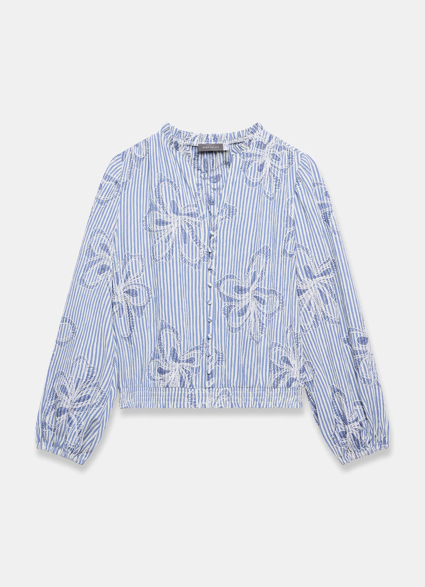 Blue Striped Embroidered Floral Blouse