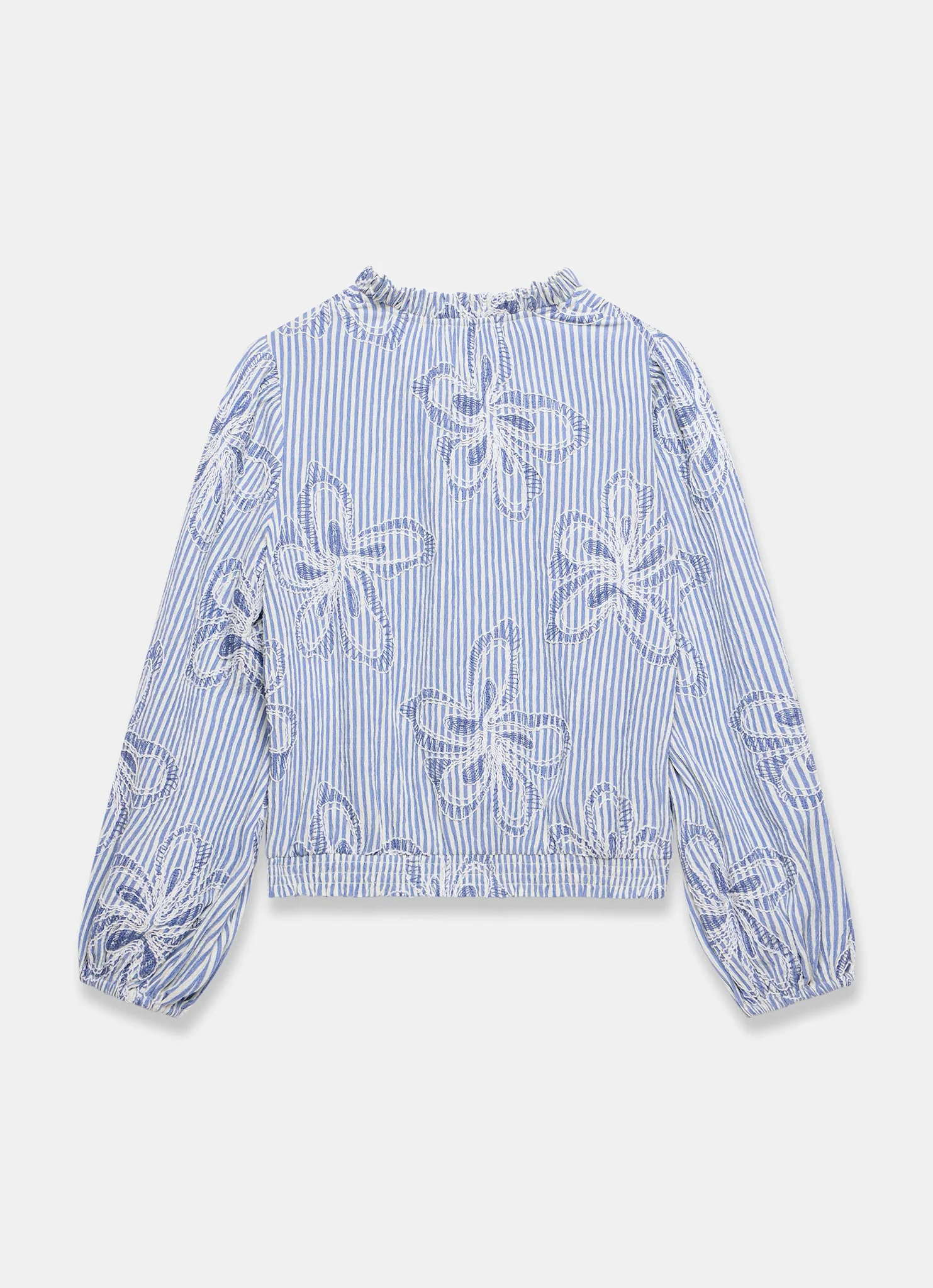 Blue Striped Embroidered Floral Blouse