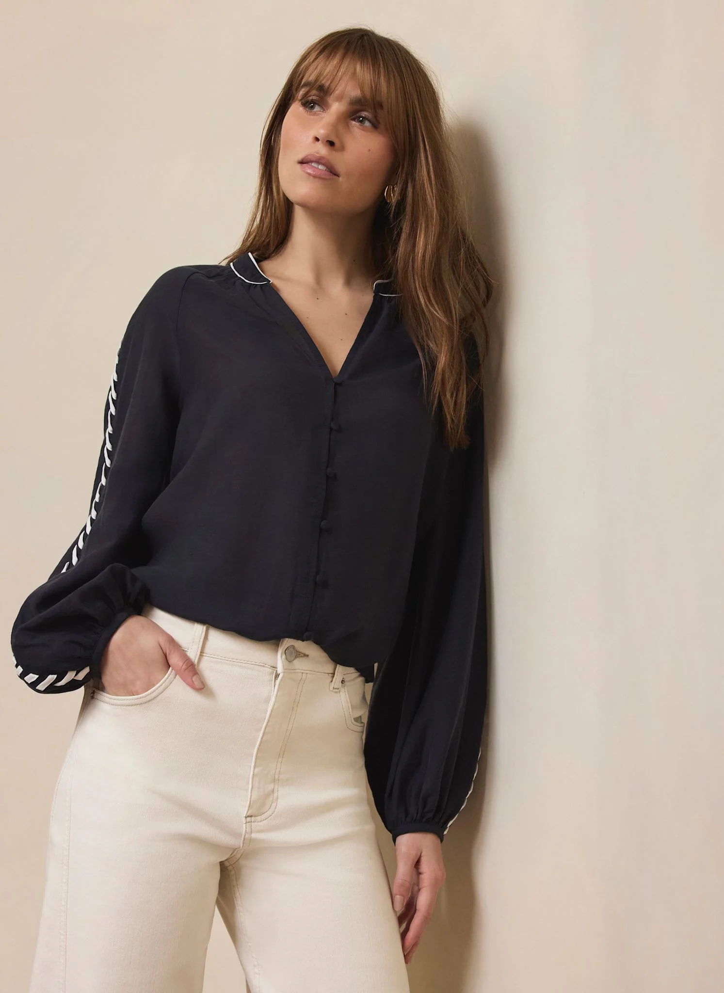 Navy Whipstitch Detail Blouse