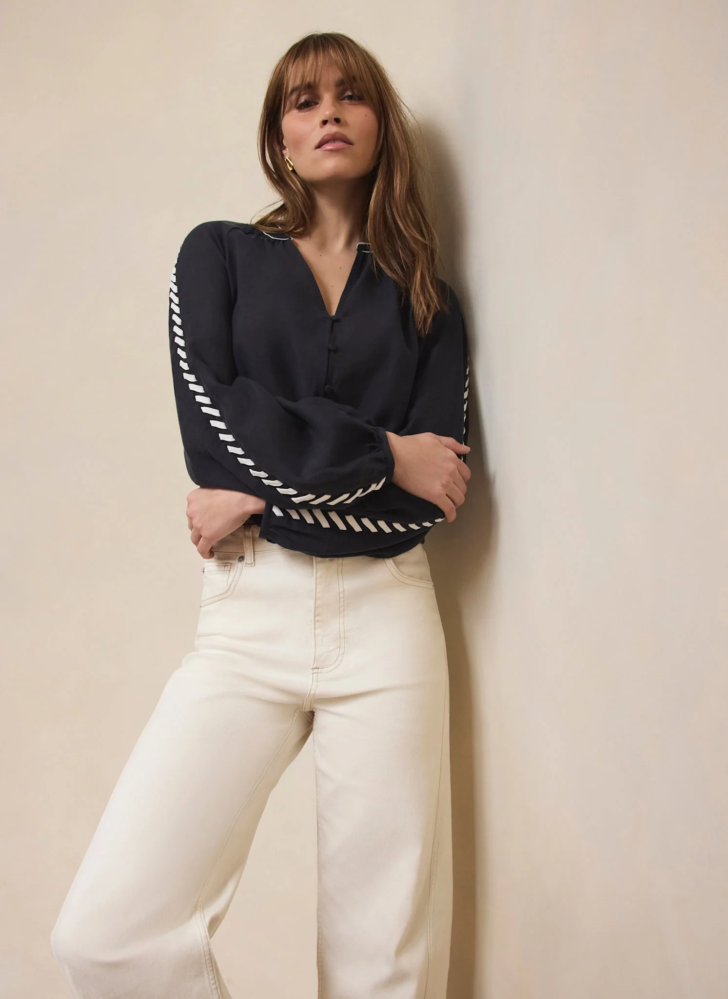 Navy Whipstitch Detail Blouse