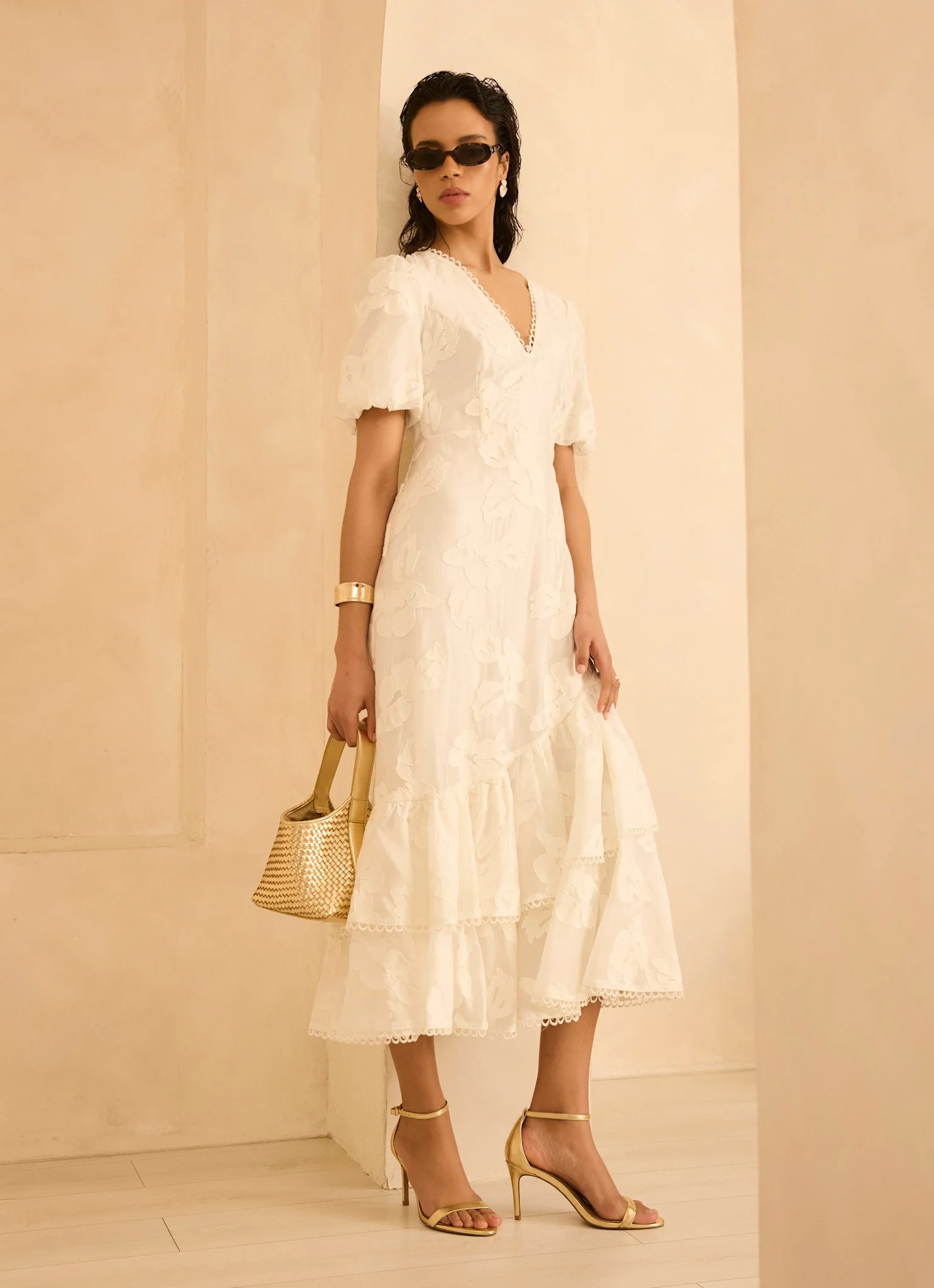 White Cotton Blend Floral Maxi Dress