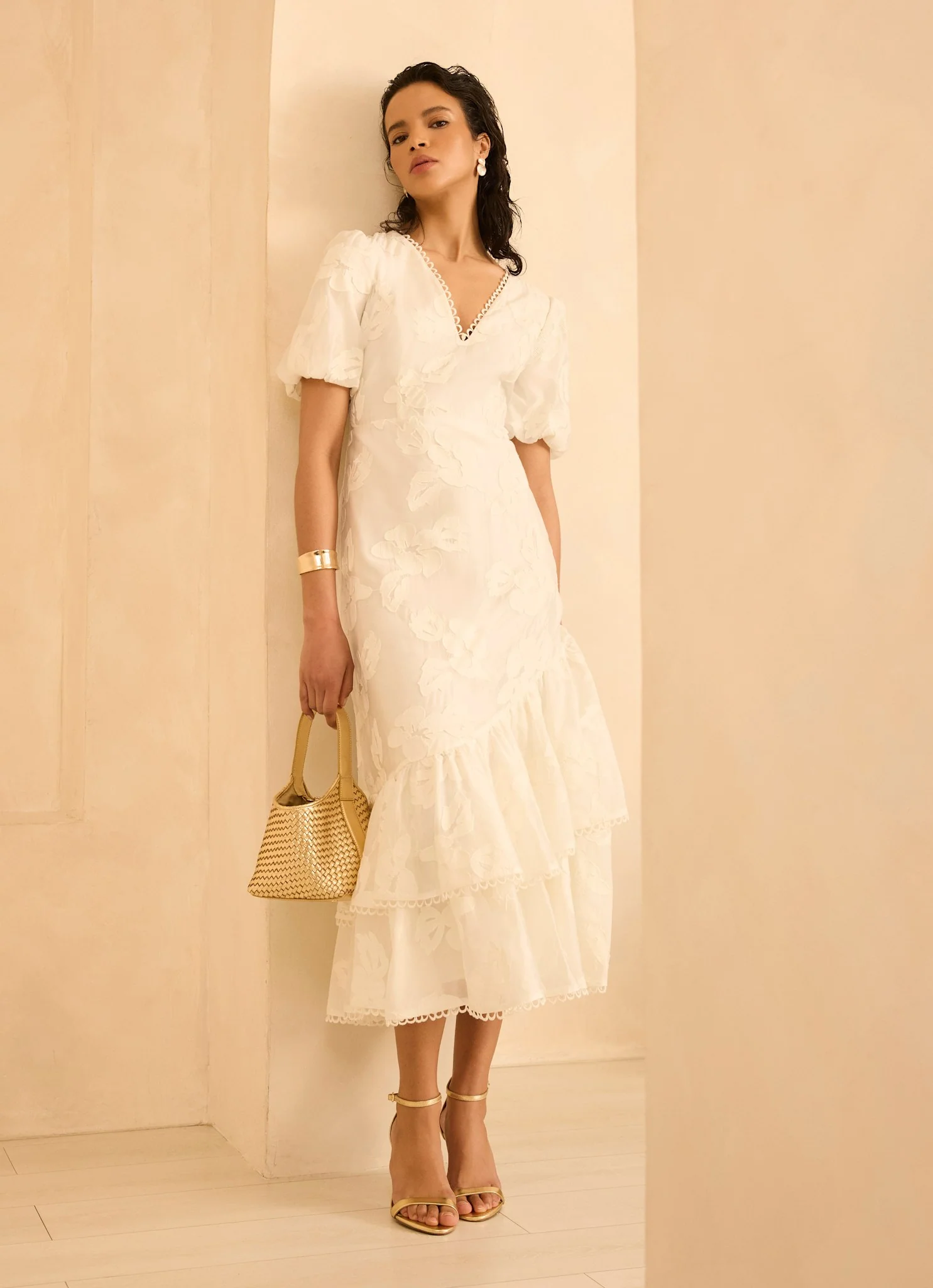 White Cotton Blend Floral Maxi Dress