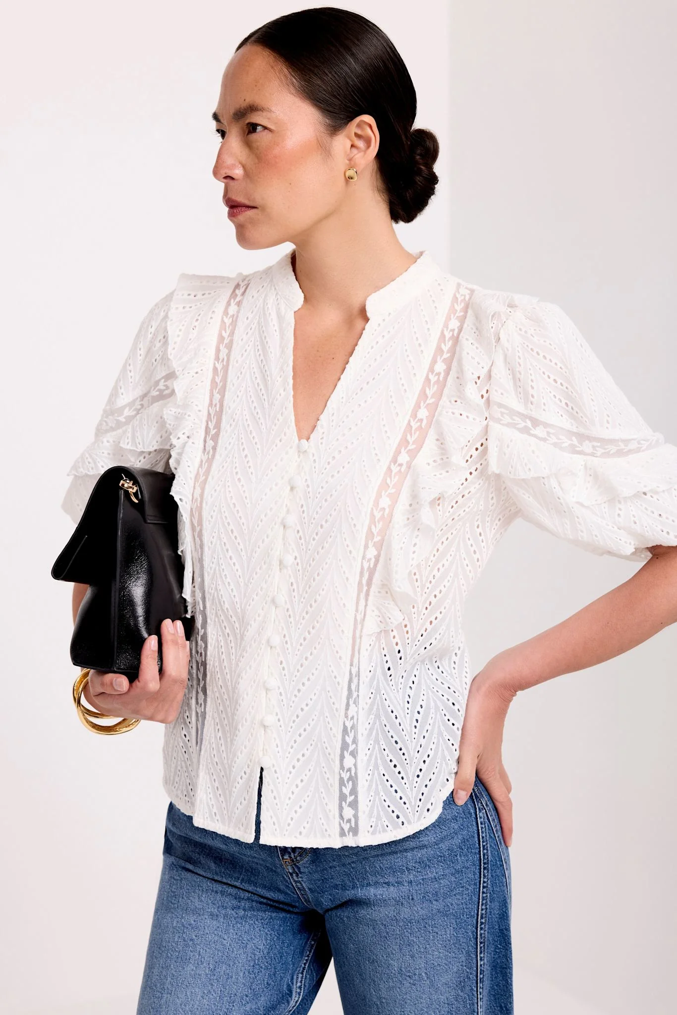 White Ruffle Puff Sleeve Blouse