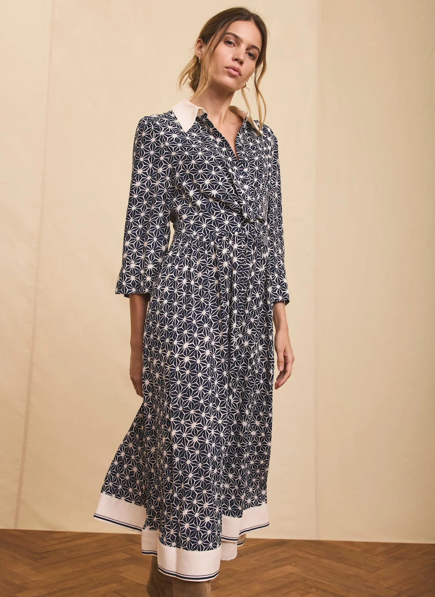 Navy Print Midi Shirt Dress