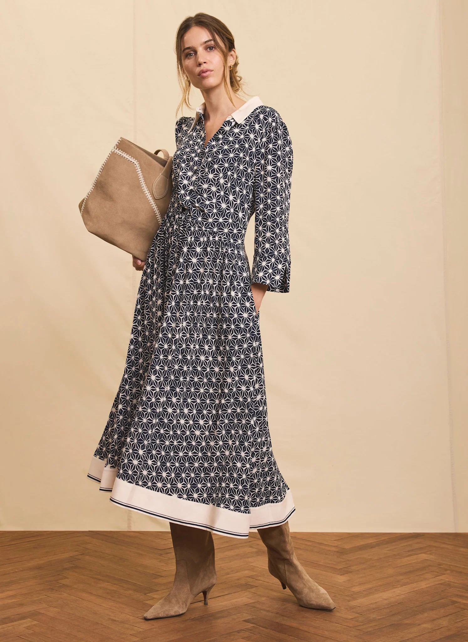 Navy Print Midi Shirt Dress
