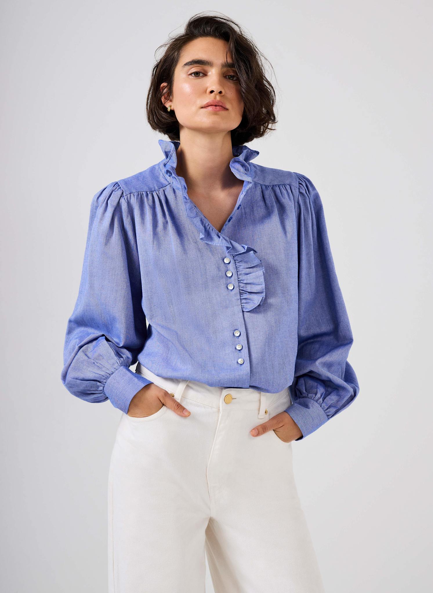 10090-mid-blue-cotton-chambray-ruffle-blouse-1.jpg Mid Blue Cotton Chambray Ruffle Blouse