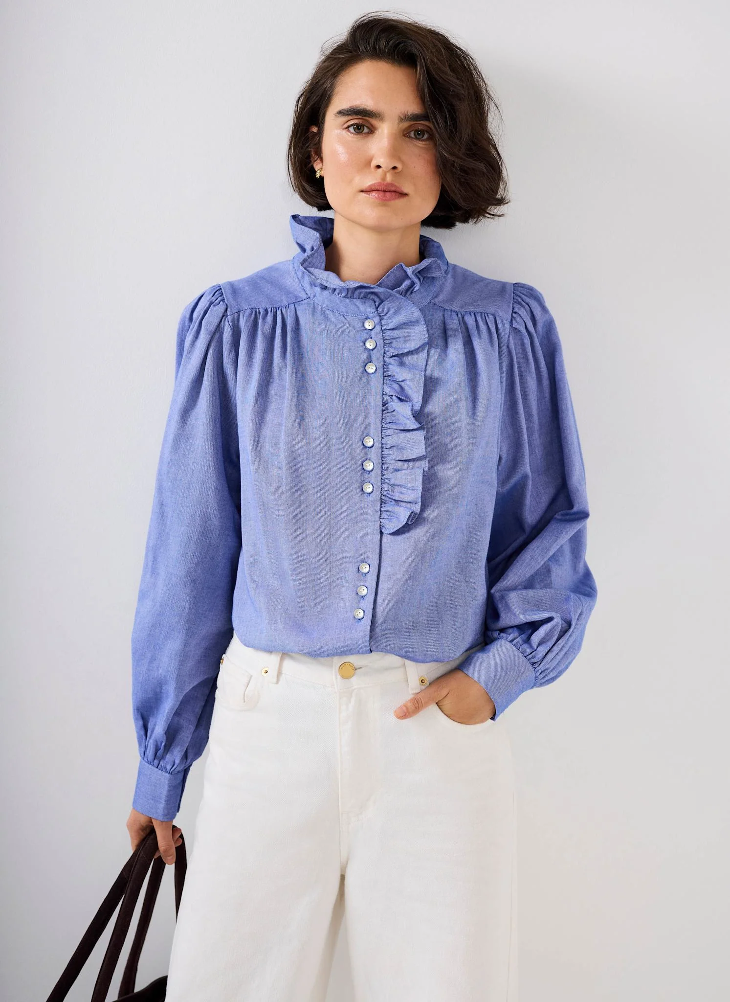10090-mid-blue-cotton-chambray-ruffle-blouse-2.webp Mid Blue Cotton Chambray Ruffle Blouse