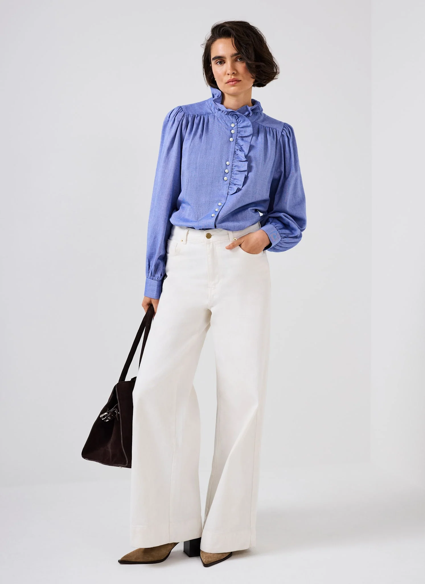 10090-mid-blue-cotton-chambray-ruffle-blouse-3.webp Mid Blue Cotton Chambray Ruffle Blouse