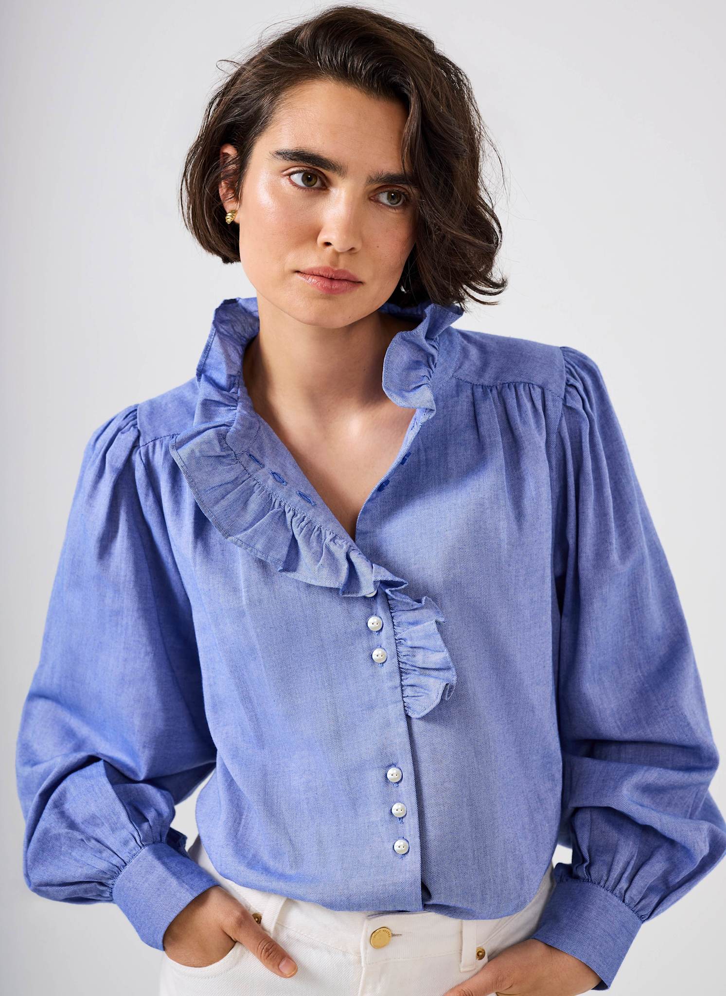 10090-mid-blue-cotton-chambray-ruffle-blouse-4.jpg Mid Blue Cotton Chambray Ruffle Blouse