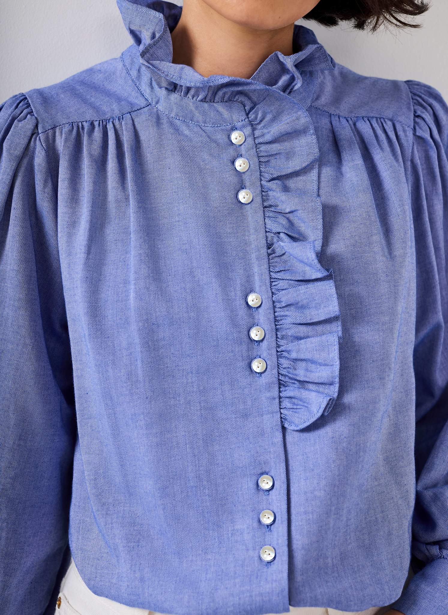 10090-mid-blue-cotton-chambray-ruffle-blouse-5.jpg Mid Blue Cotton Chambray Ruffle Blouse