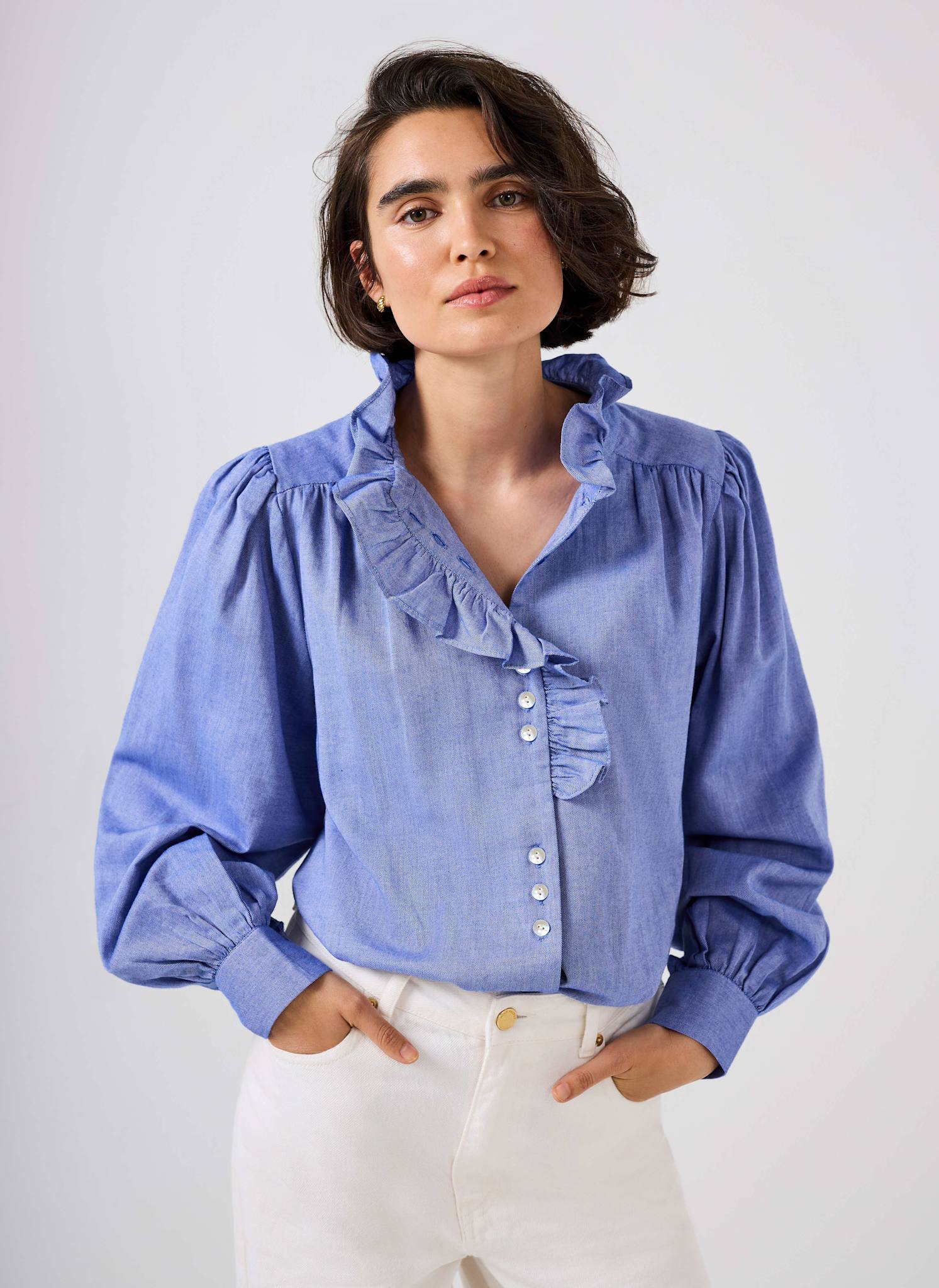 10090-mid-blue-cotton-chambray-ruffle-blouse-6.jpg Mid Blue Cotton Chambray Ruffle Blouse