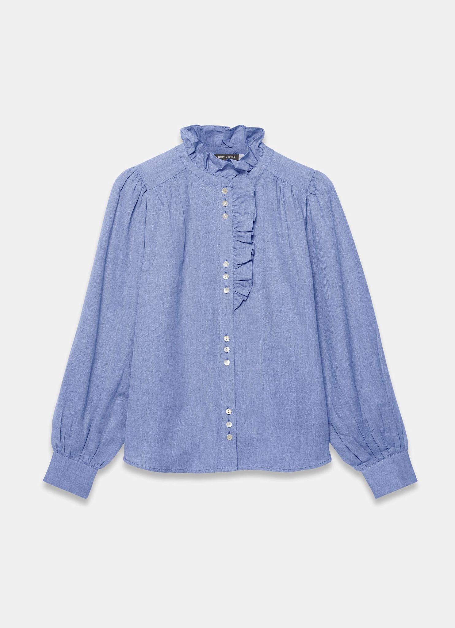 10090-mid-blue-cotton-chambray-ruffle-blouse-7.jpg Mid Blue Cotton Chambray Ruffle Blouse