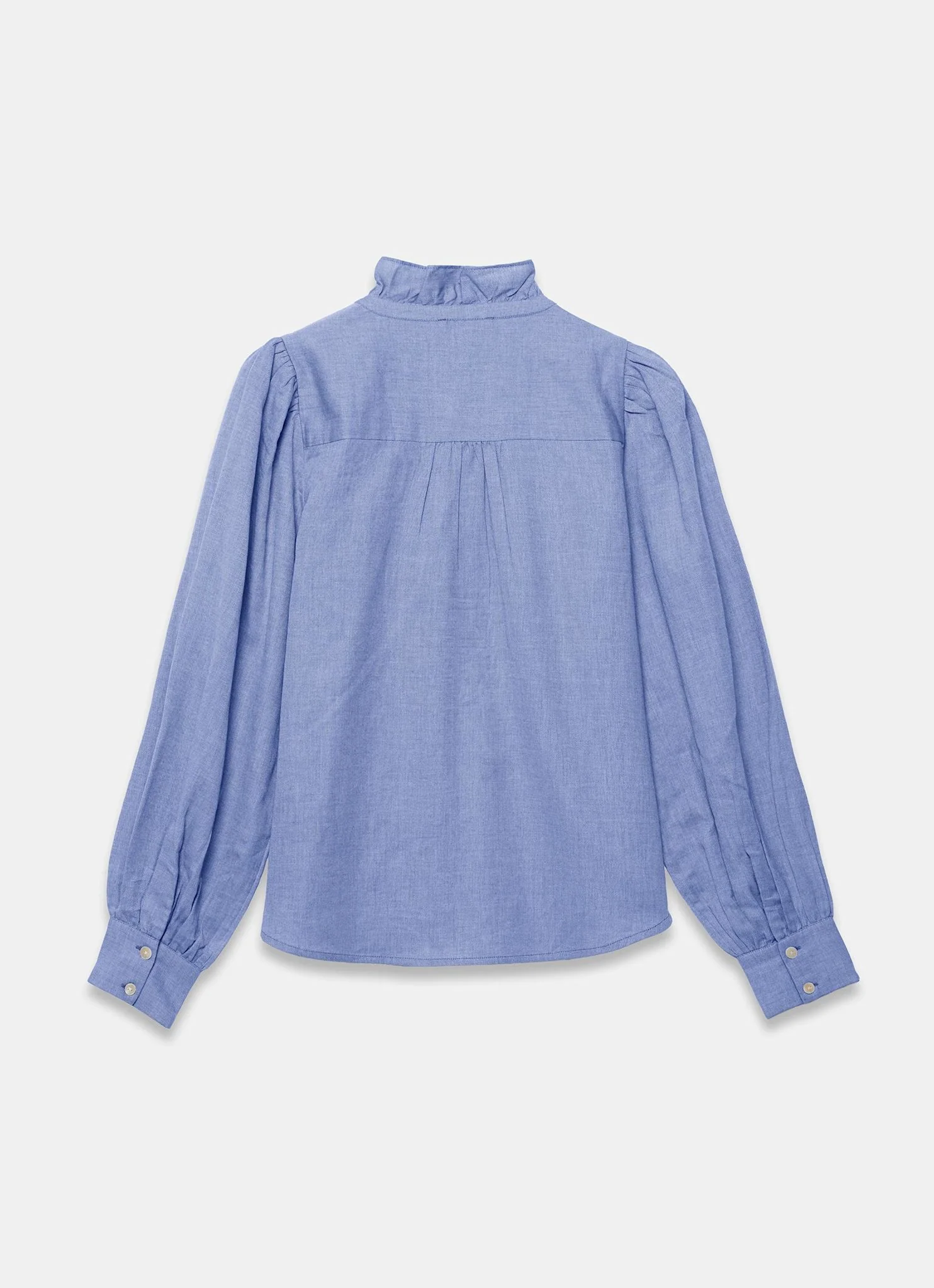 10090-mid-blue-cotton-chambray-ruffle-blouse-8.webp Mid Blue Cotton Chambray Ruffle Blouse