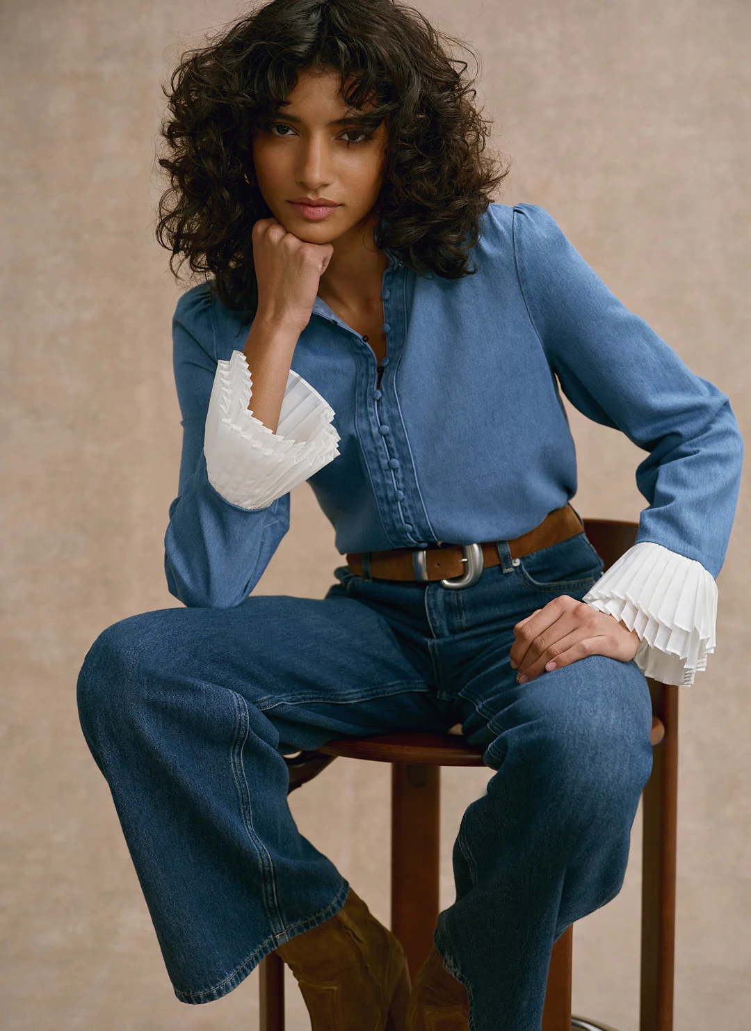 10110-mid-indigo-denim-contrast-cuff-blouse-1.webp Mid Indigo Denim Contrast Cuff Blouse