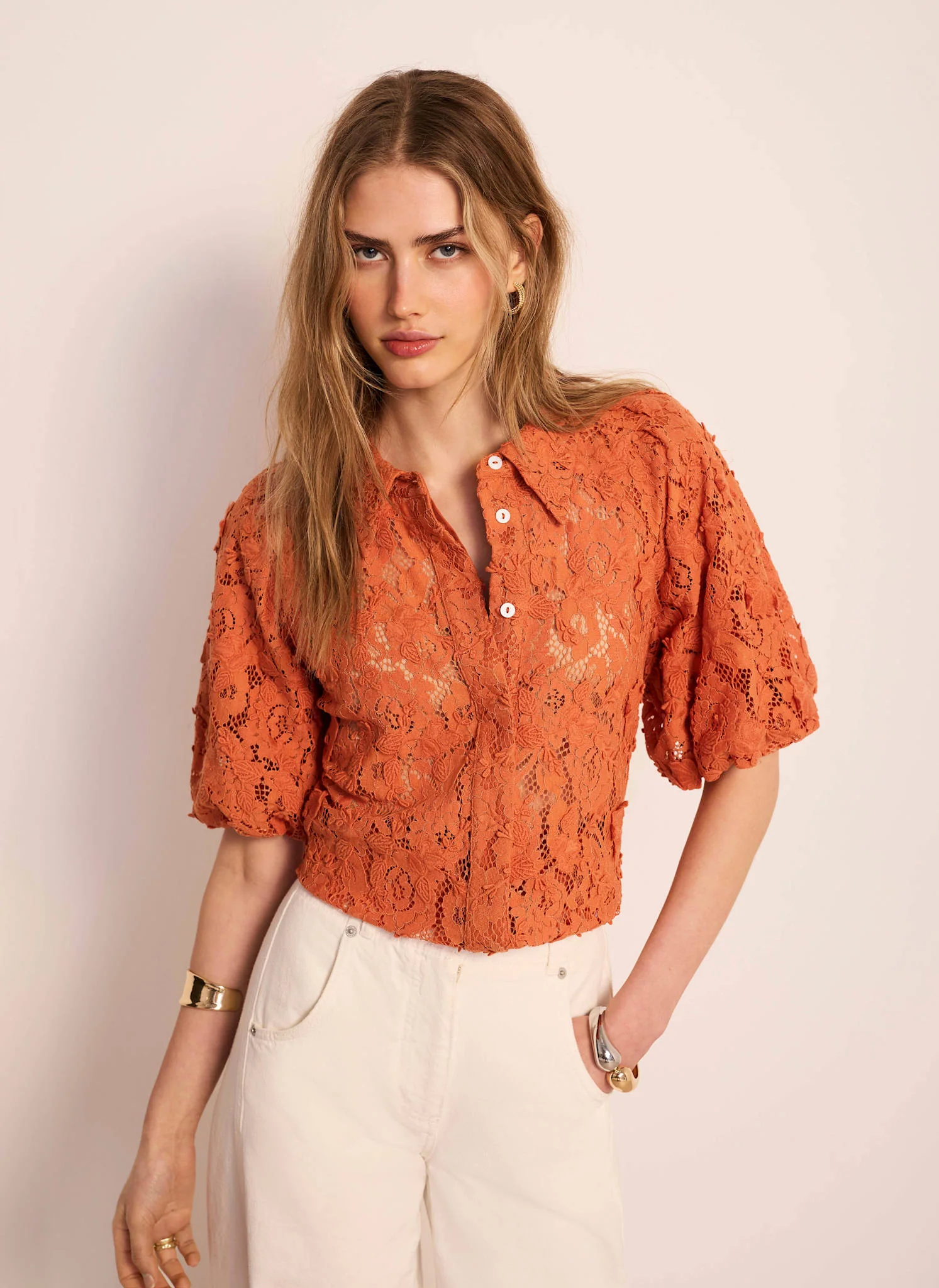 1018-orange-lace-puff-sleeve-shirt-1.webp Orange Lace Puff Sleeve Shirt