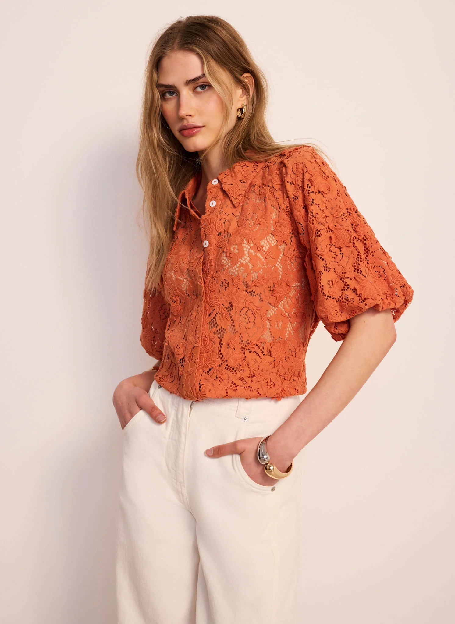 1018-orange-lace-puff-sleeve-shirt-2.webp Orange Lace Puff Sleeve Shirt