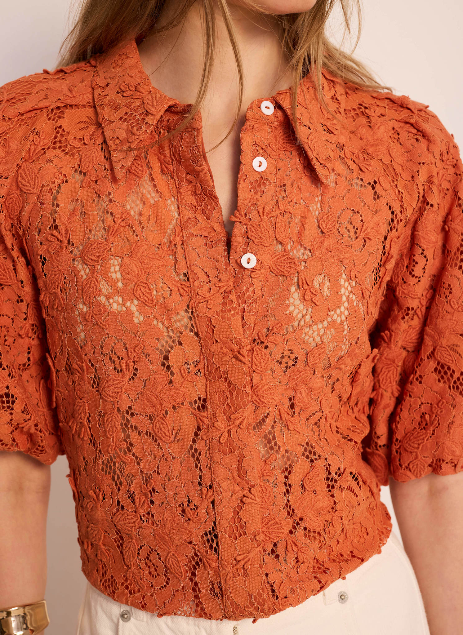 1018-orange-lace-puff-sleeve-shirt-3.jpg Orange Lace Puff Sleeve Shirt