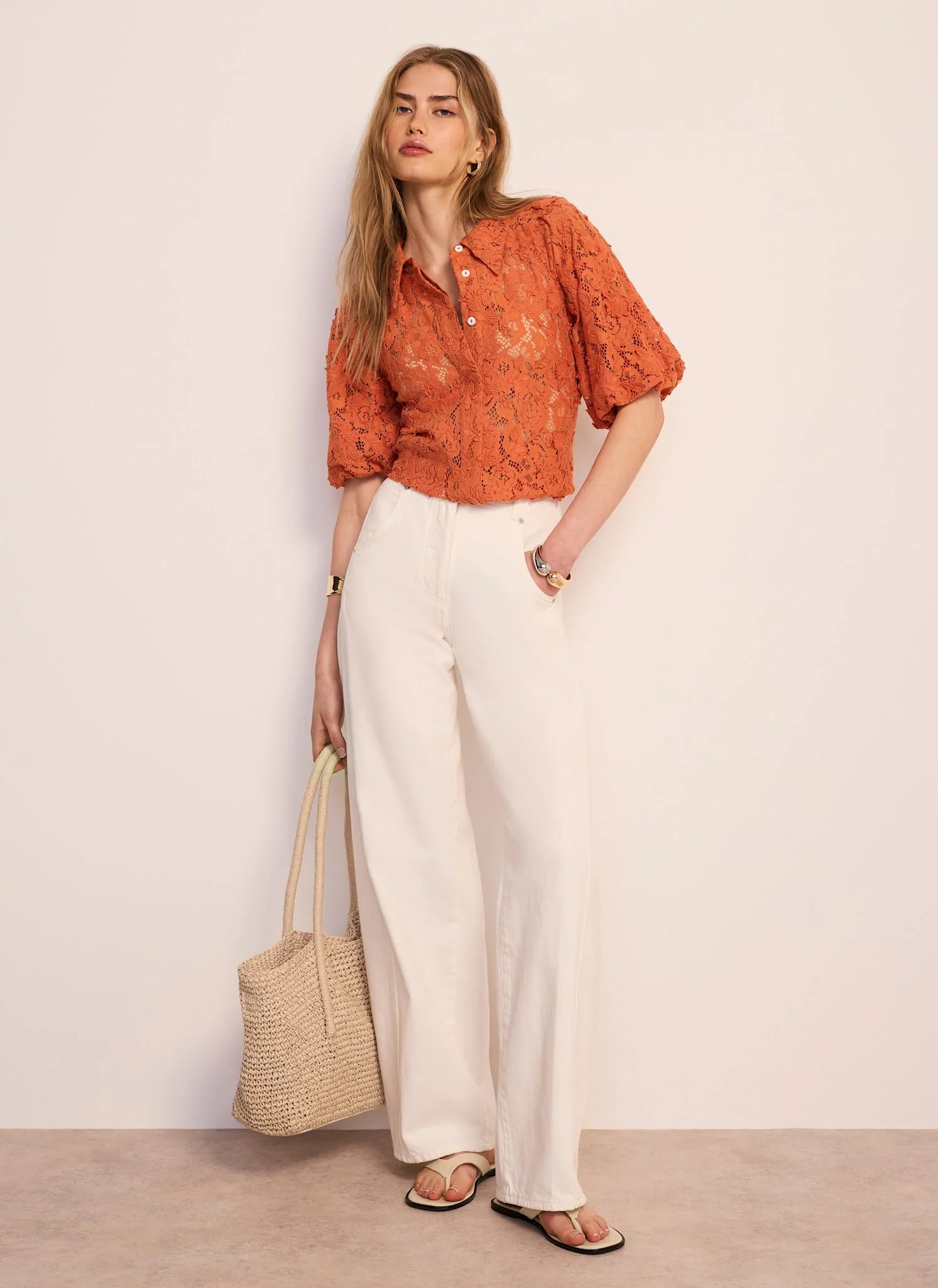 1018-orange-lace-puff-sleeve-shirt-4.webp Orange Lace Puff Sleeve Shirt