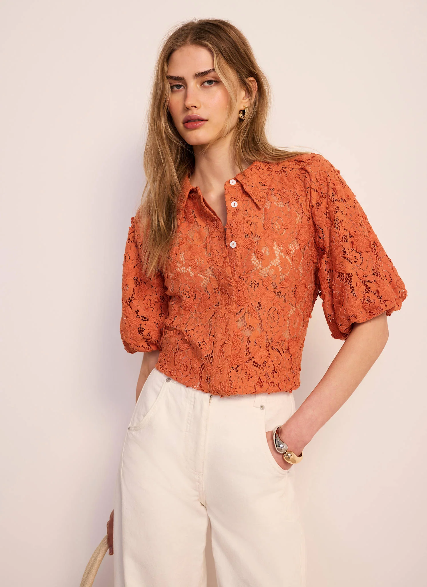 1018-orange-lace-puff-sleeve-shirt-5.webp Orange Lace Puff Sleeve Shirt