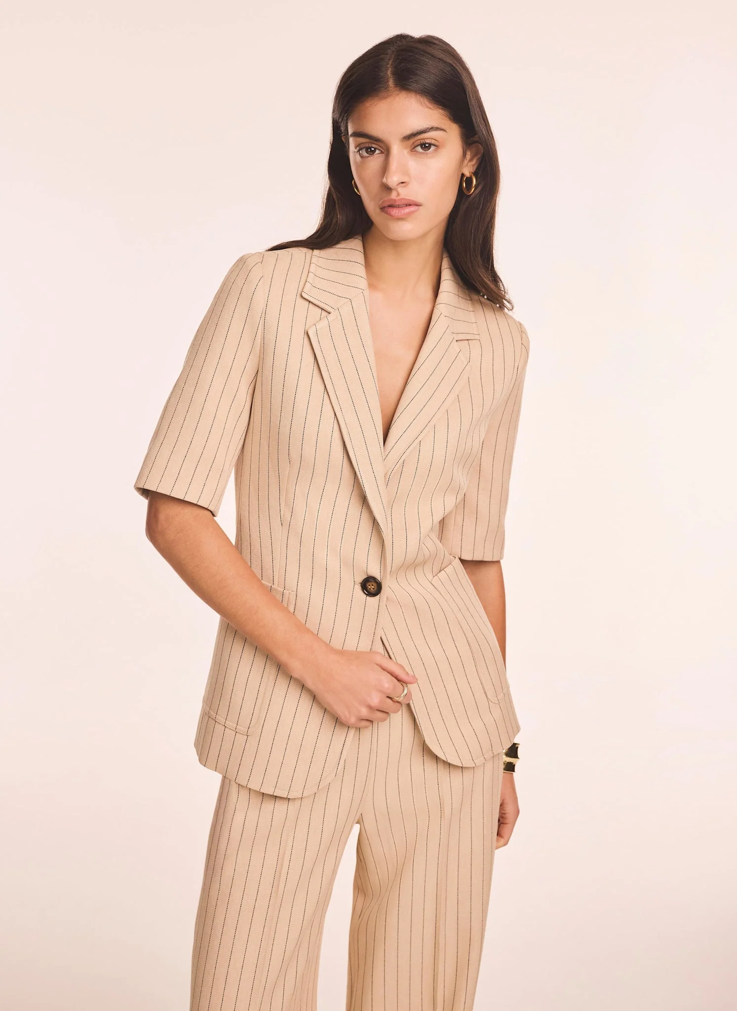 Neutral Pinstripe Short Sleeve Blazer