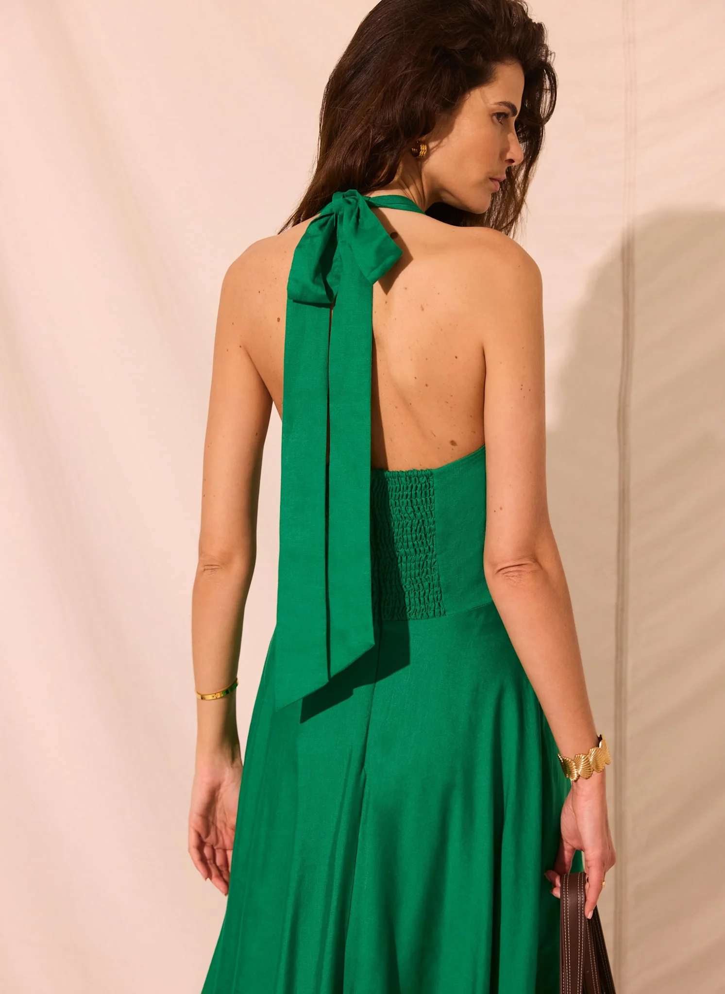 Green Linen Blend Halter Midi Dress