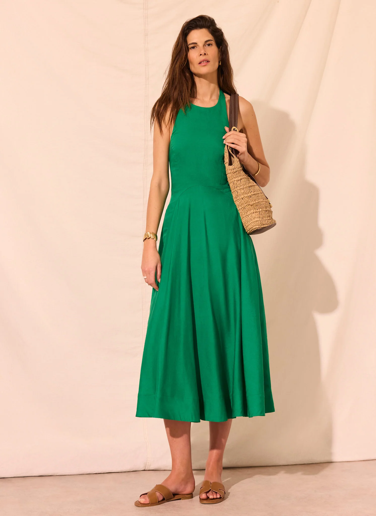 Green Linen Blend Halter Midi Dress