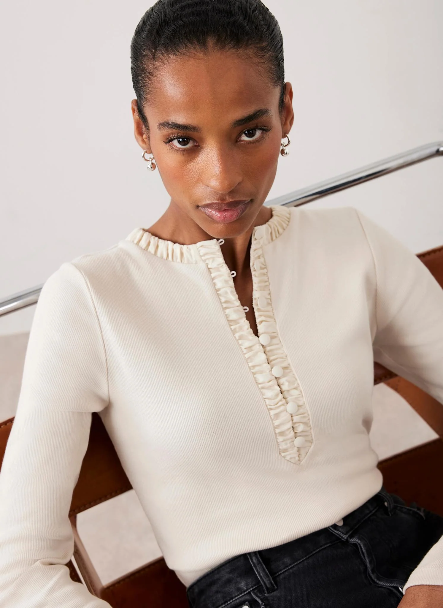 Neutral Ruched Cotton Blend Henley Top
