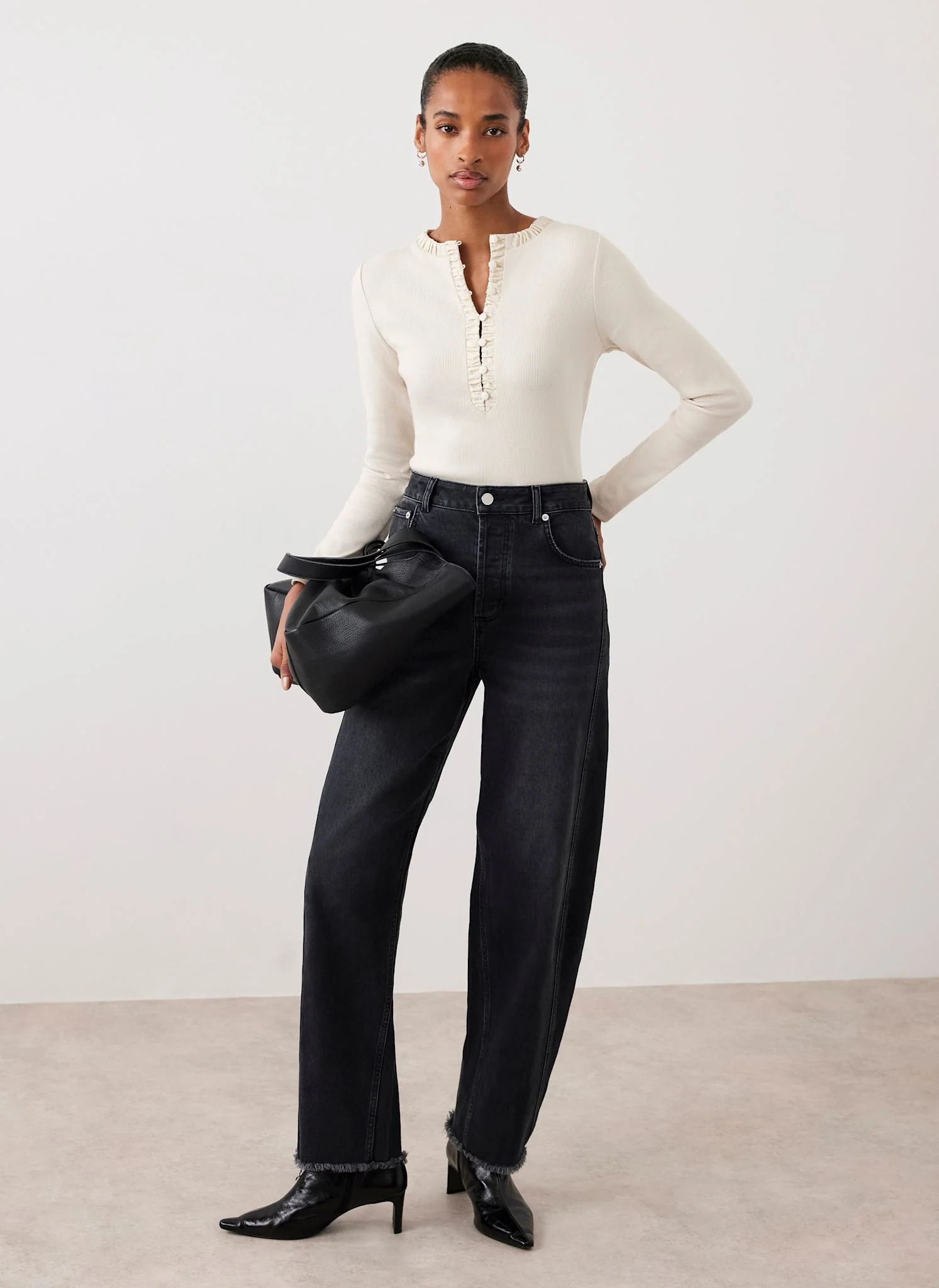 Neutral Ruched Cotton Blend Henley Top