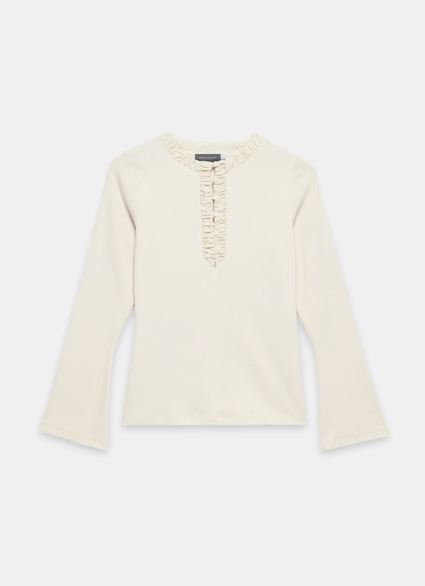 Neutral Ruched Cotton Blend Henley Top
