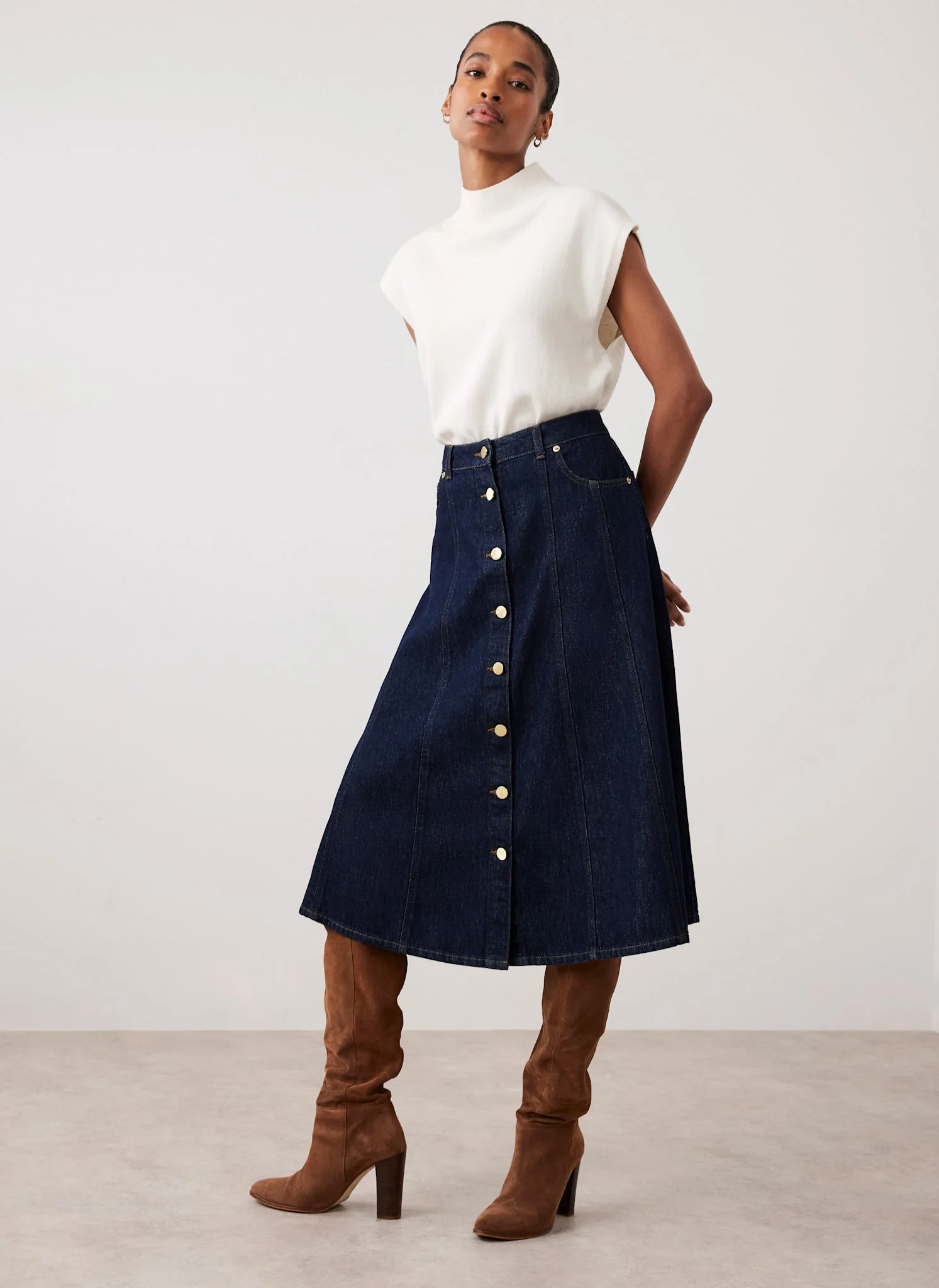 Dark Indigo Denim Midi Skirt