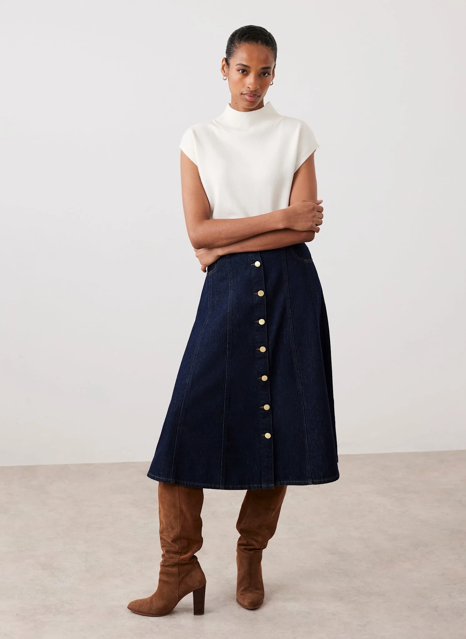 Dark Indigo Denim Midi Skirt