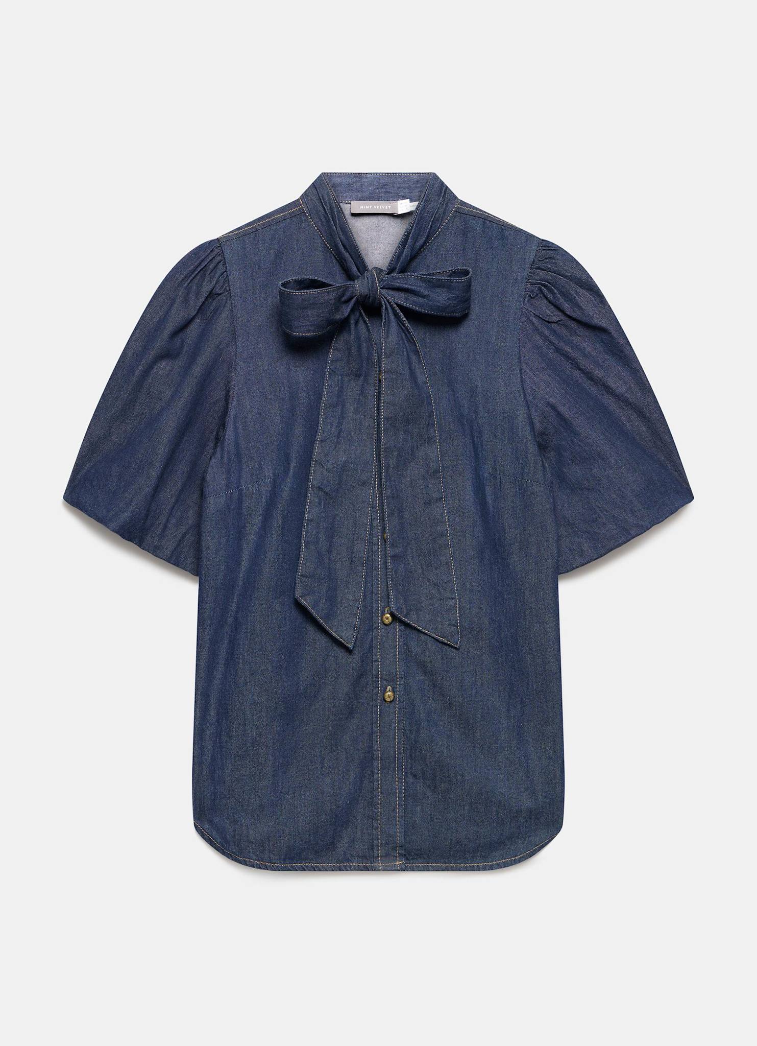 Dark Indigo Puff Sleeve Denim Shirt