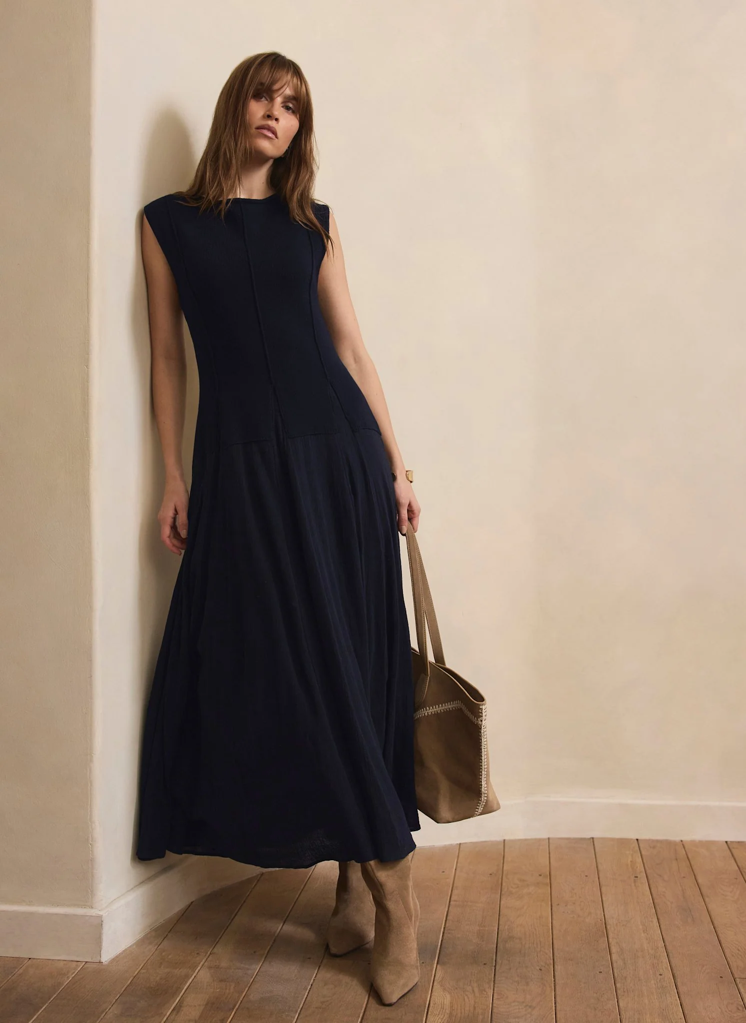 10470-navy-cotton-blend-drop-waist-maxi-dress-1.webp Navy Cotton Blend Drop Waist Maxi Dress