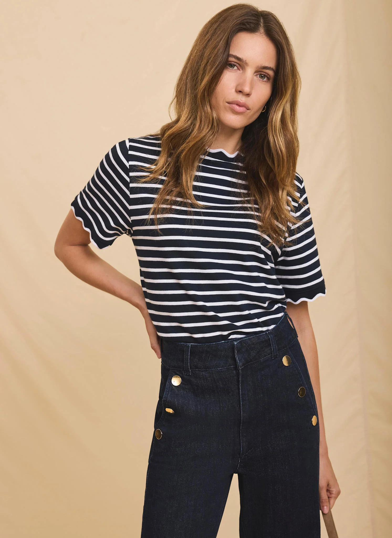 Navy Stripe Scallop Trim T-Shirt