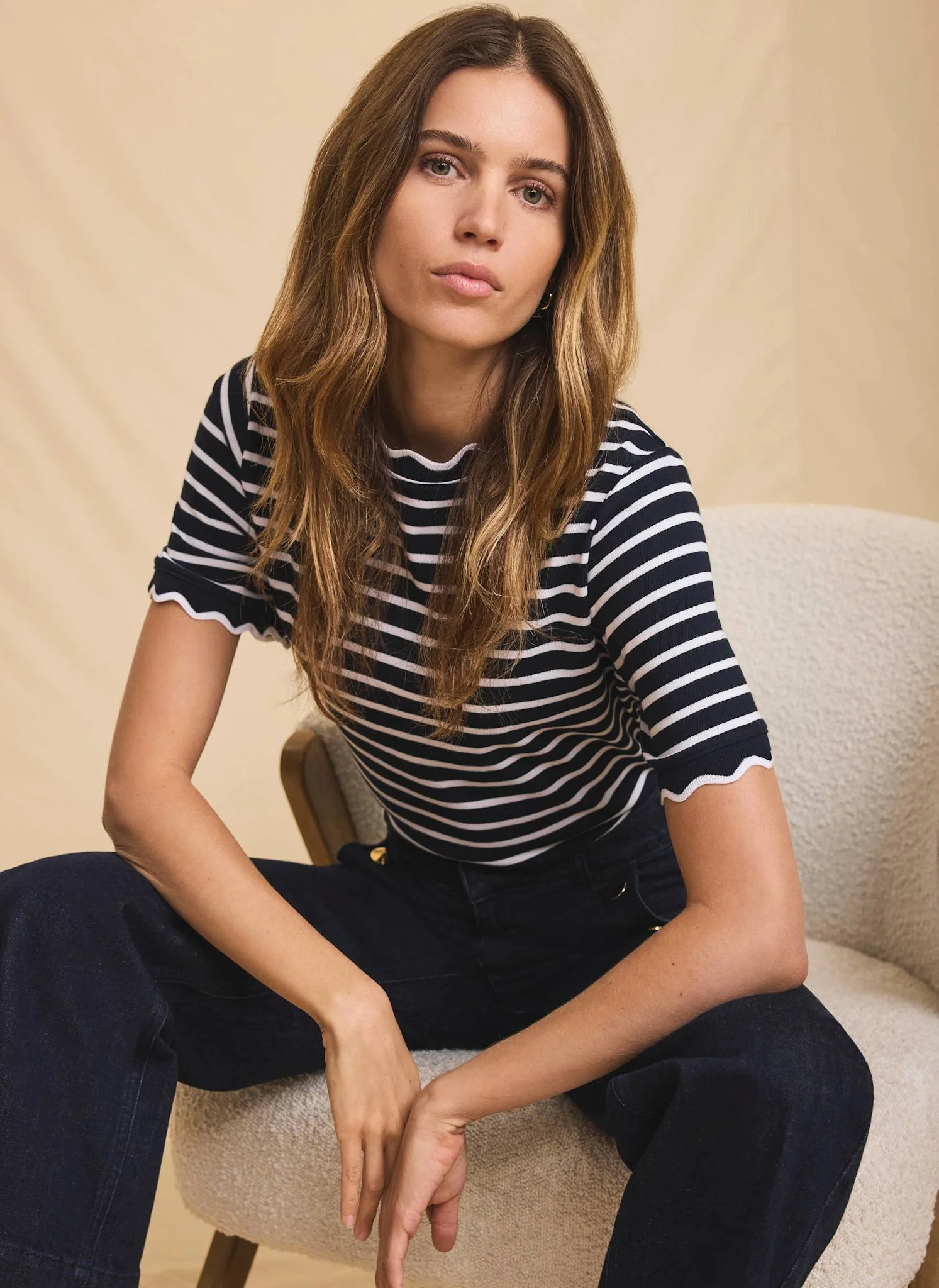 Navy Stripe Scallop Trim T-Shirt
