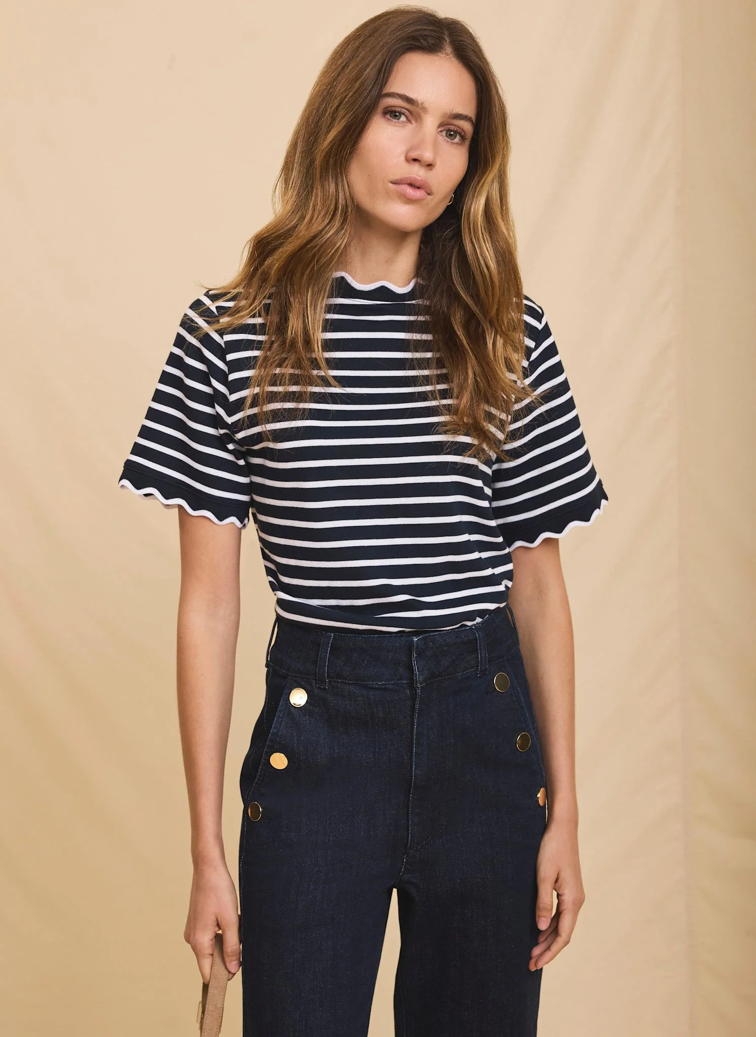 Navy Stripe Scallop Trim T-Shirt