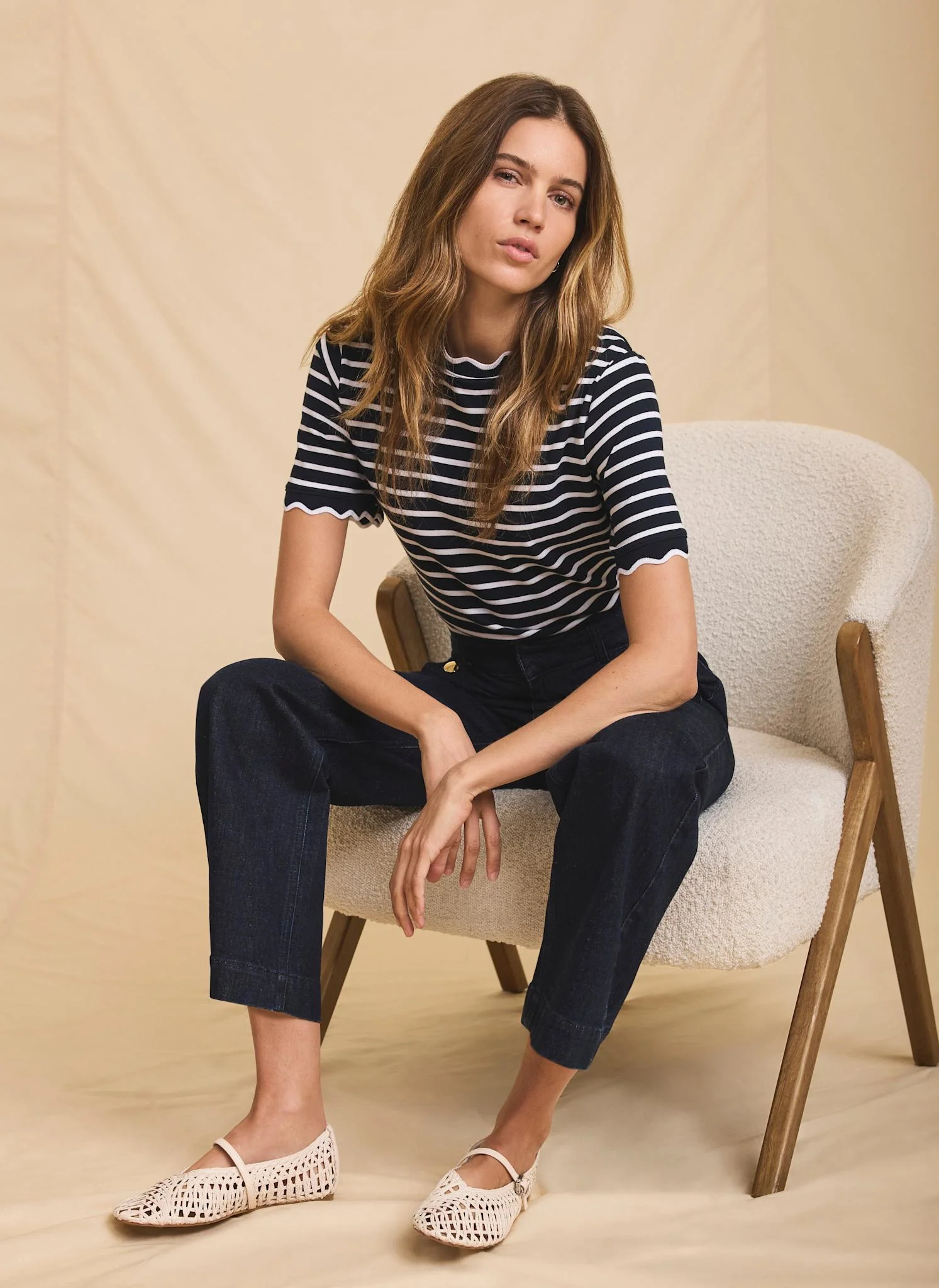 Navy Stripe Scallop Trim T-Shirt