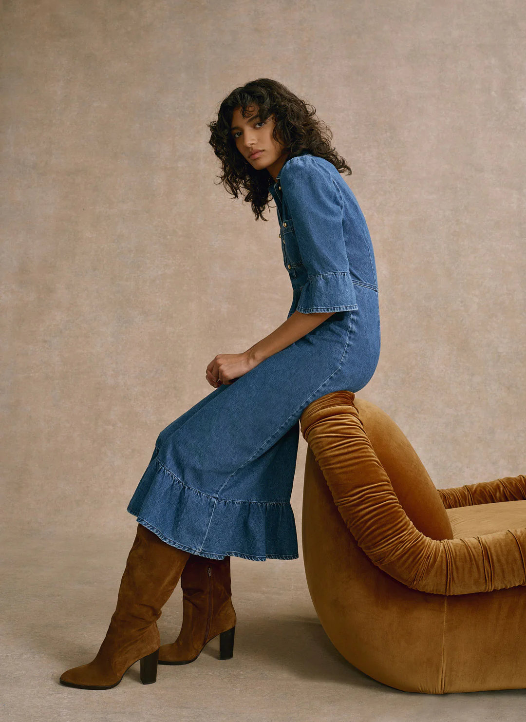10488-indigo-denim-ruffle-midi-shirt-dress-1.webp Indigo Denim Ruffle Midi Shirt Dress