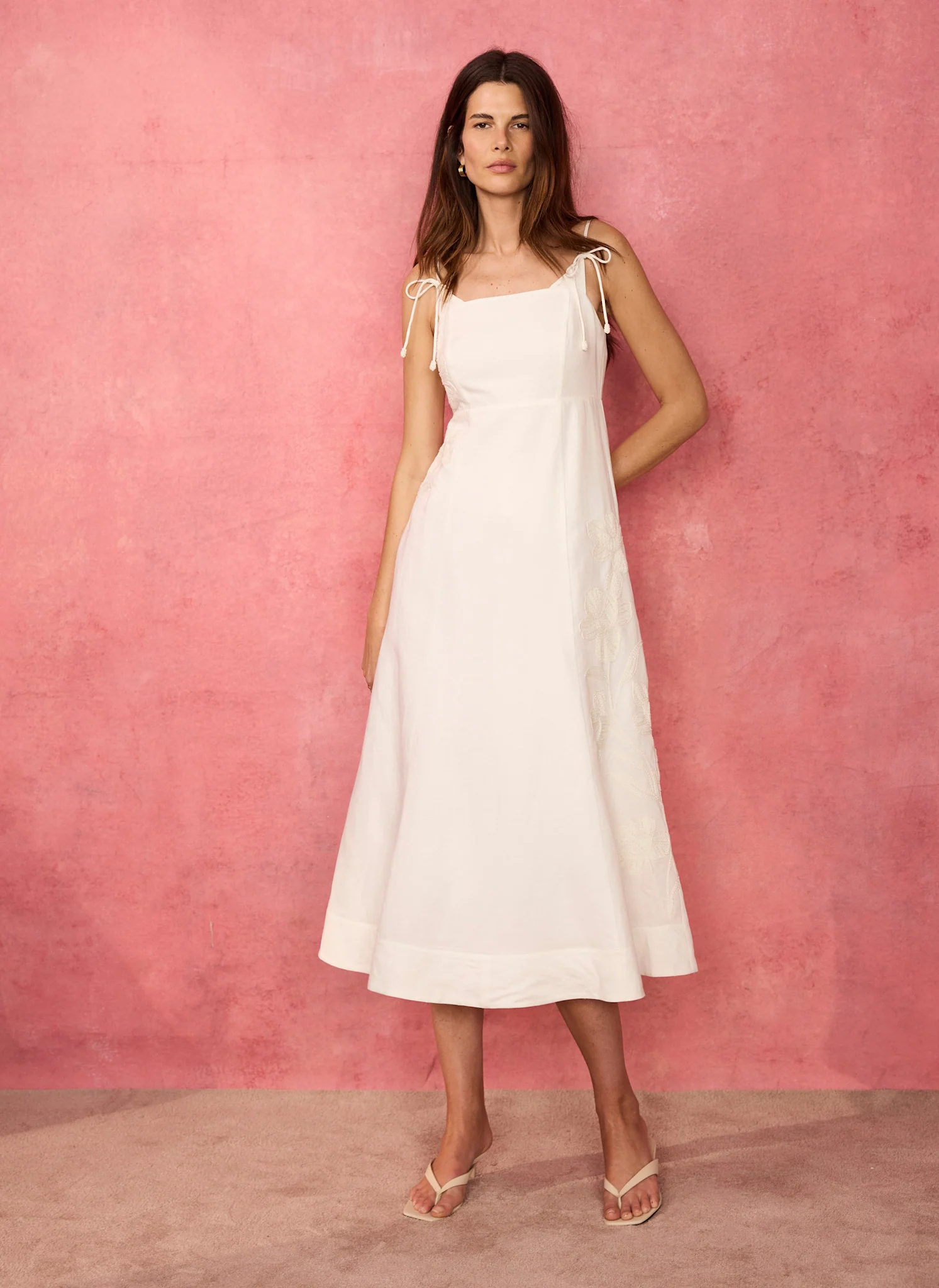 White Linen Blend Embroidered Midi Dress