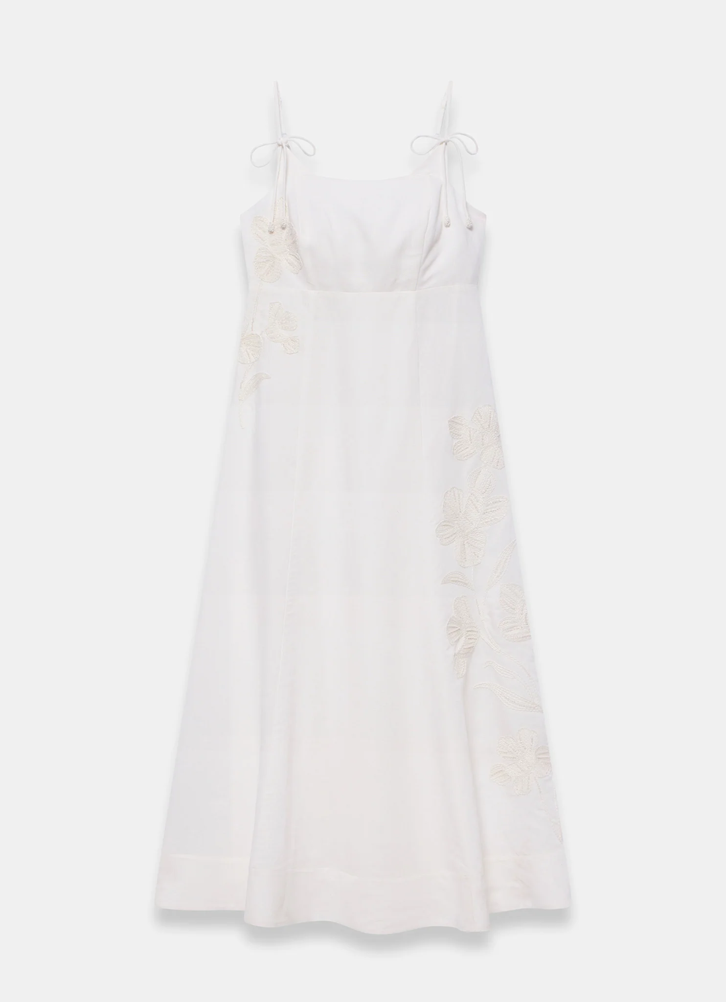 White Linen Blend Embroidered Midi Dress