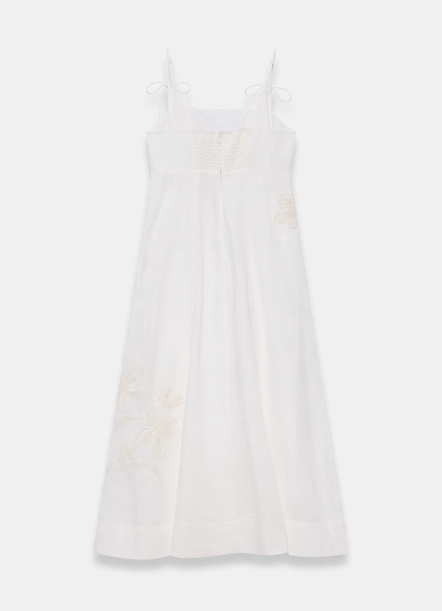 White Linen Blend Embroidered Midi Dress