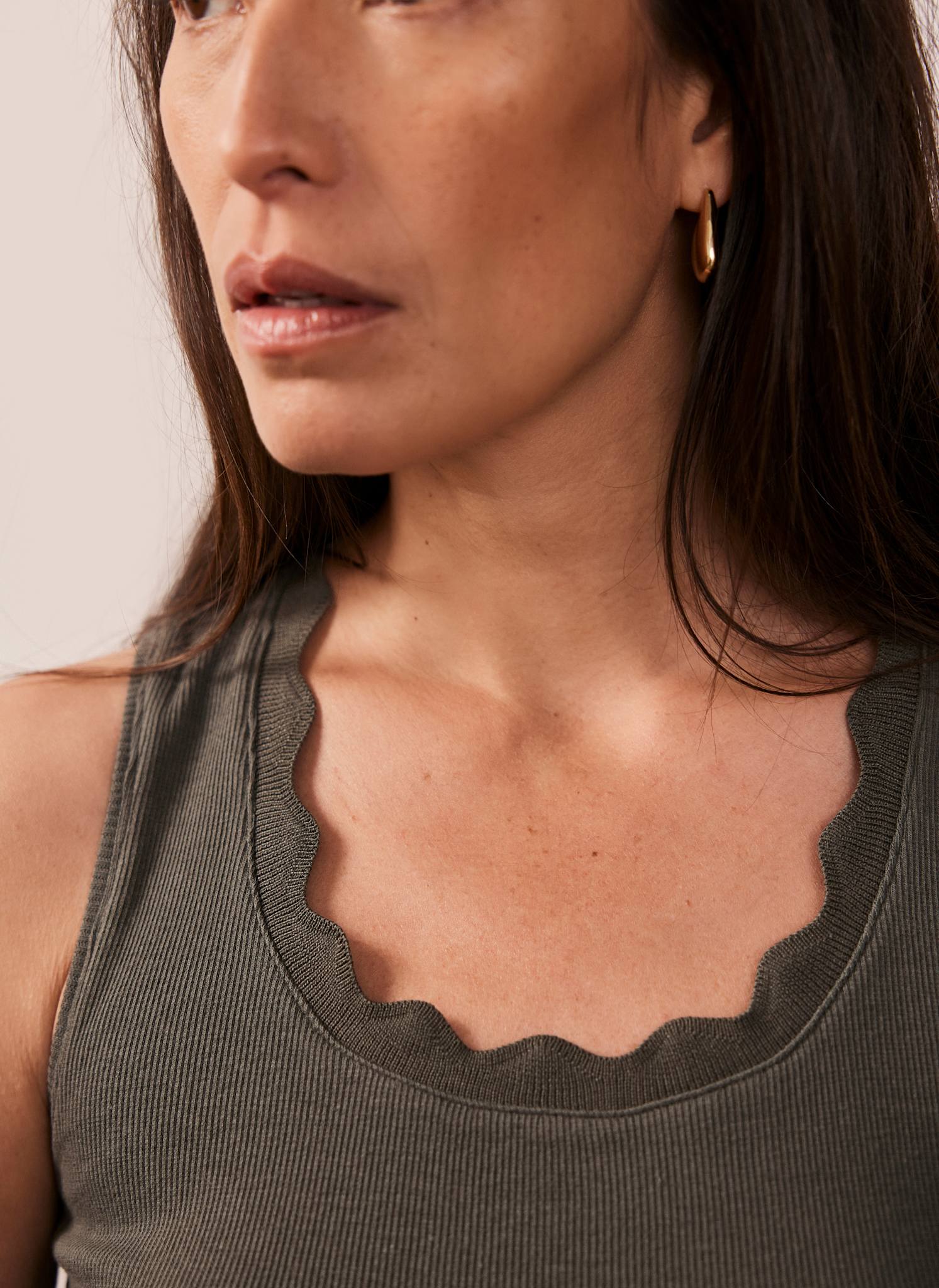 10978-khaki-scallop-trim-vest-top-3.jpg Khaki Scallop Trim Vest Top