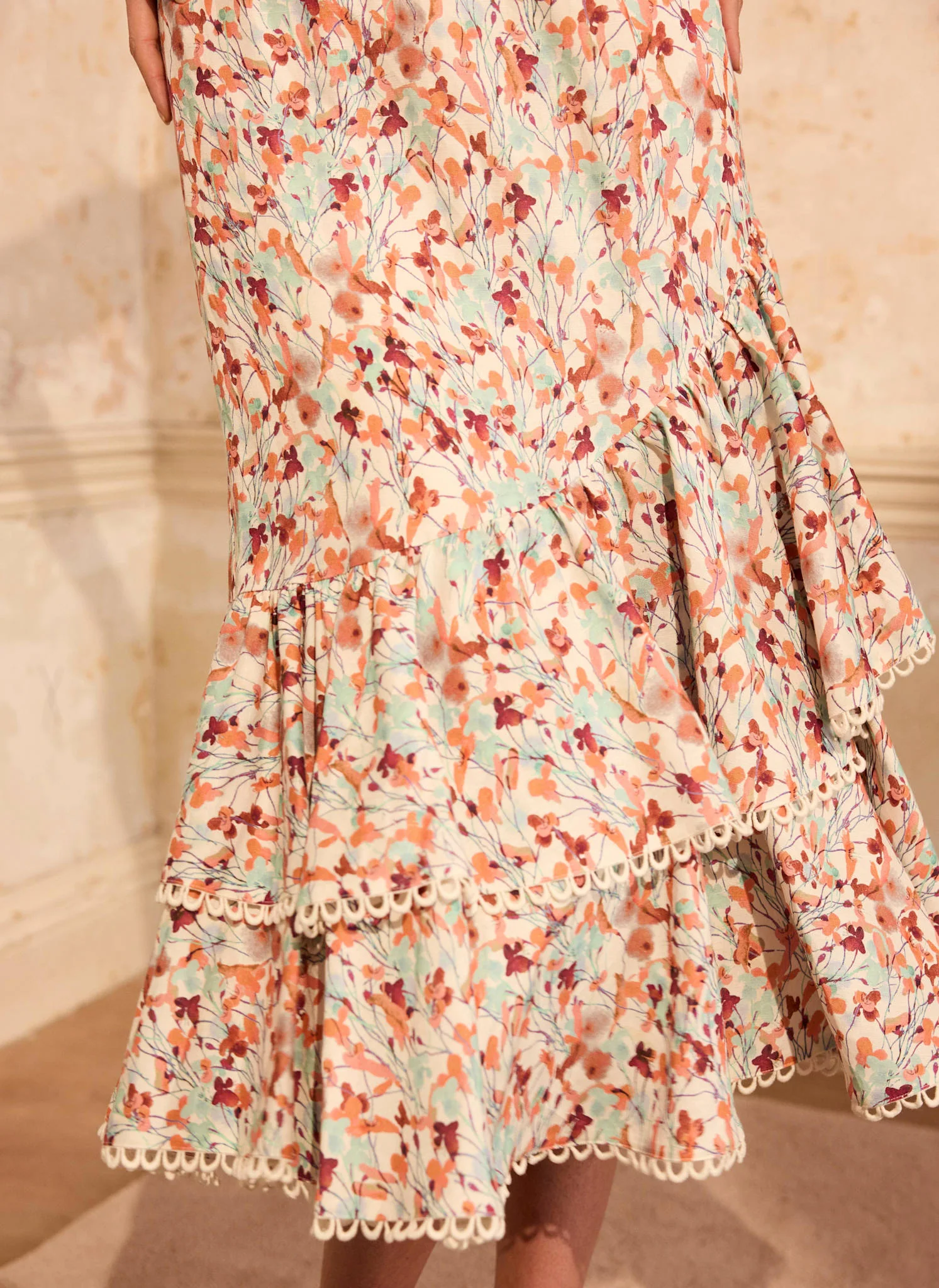 1126-orange-floral-print-linen-blend-ruffle-midi-dress-4.webp Orange Floral Print Linen Blend Ruffle Midi Dress