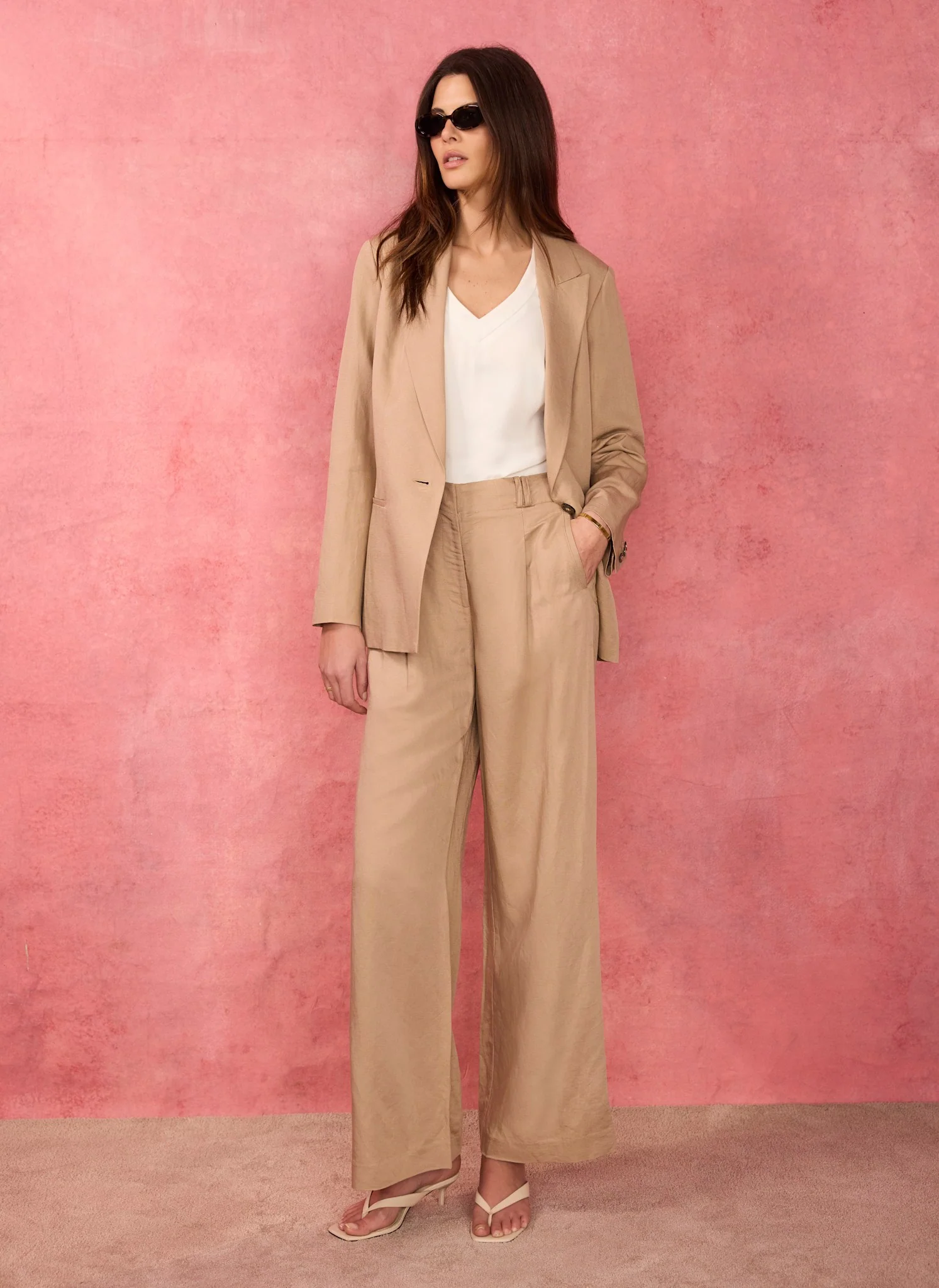 Neutral Linen Blend Single Breasted Blazer