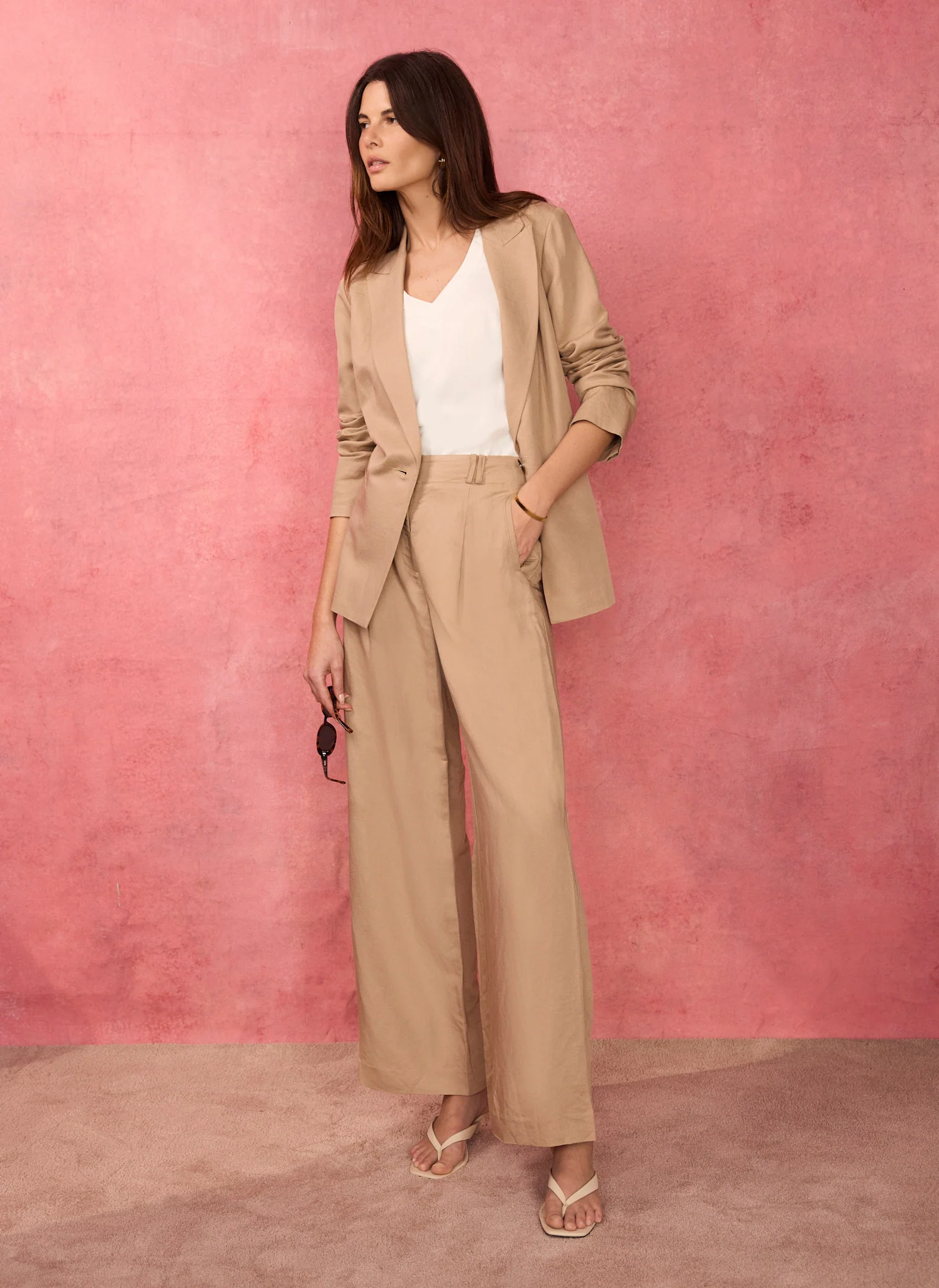 Neutral Linen Blend Single Breasted Blazer