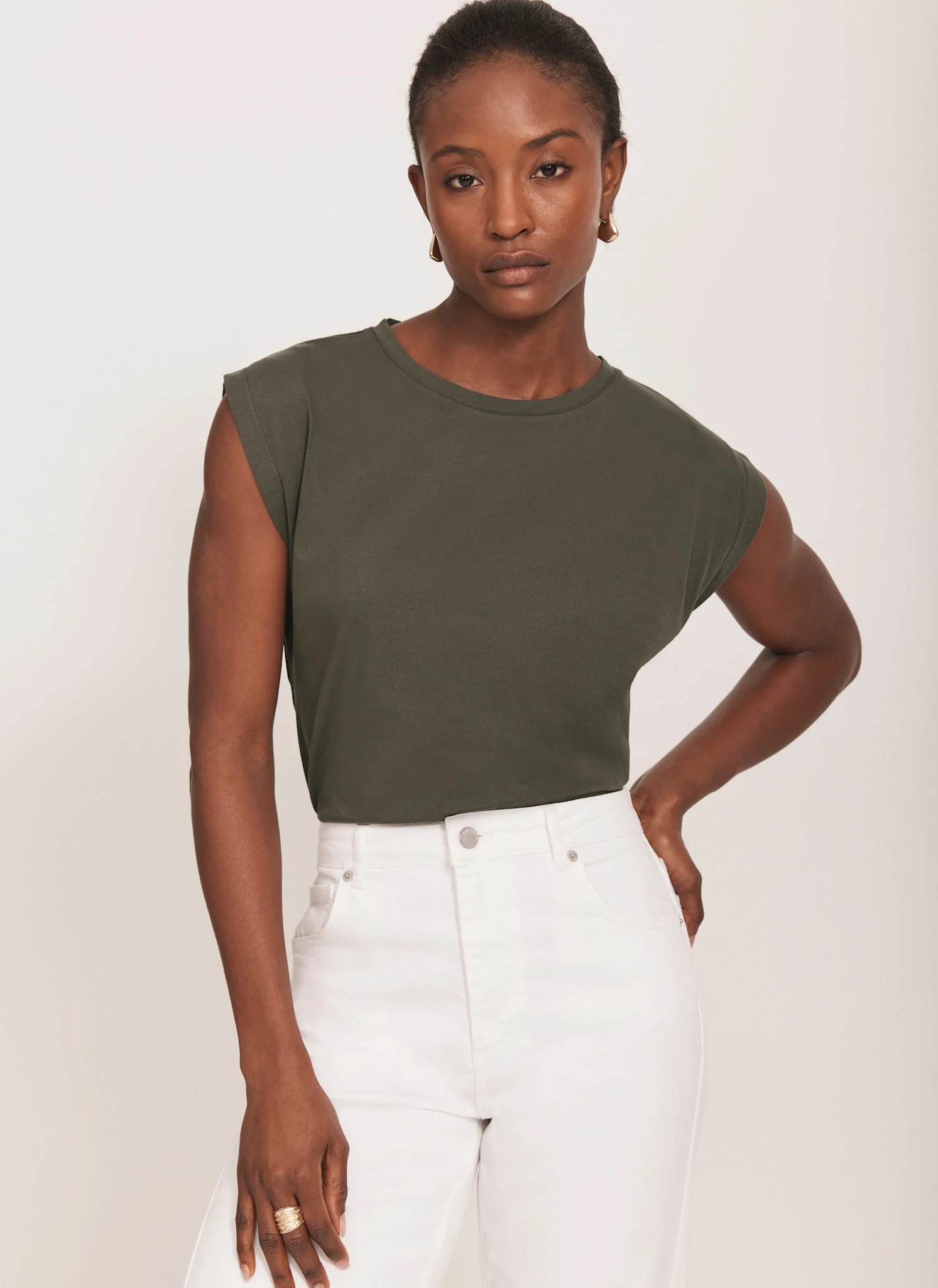 Khaki Cotton Extended Shoulder T-Shirt