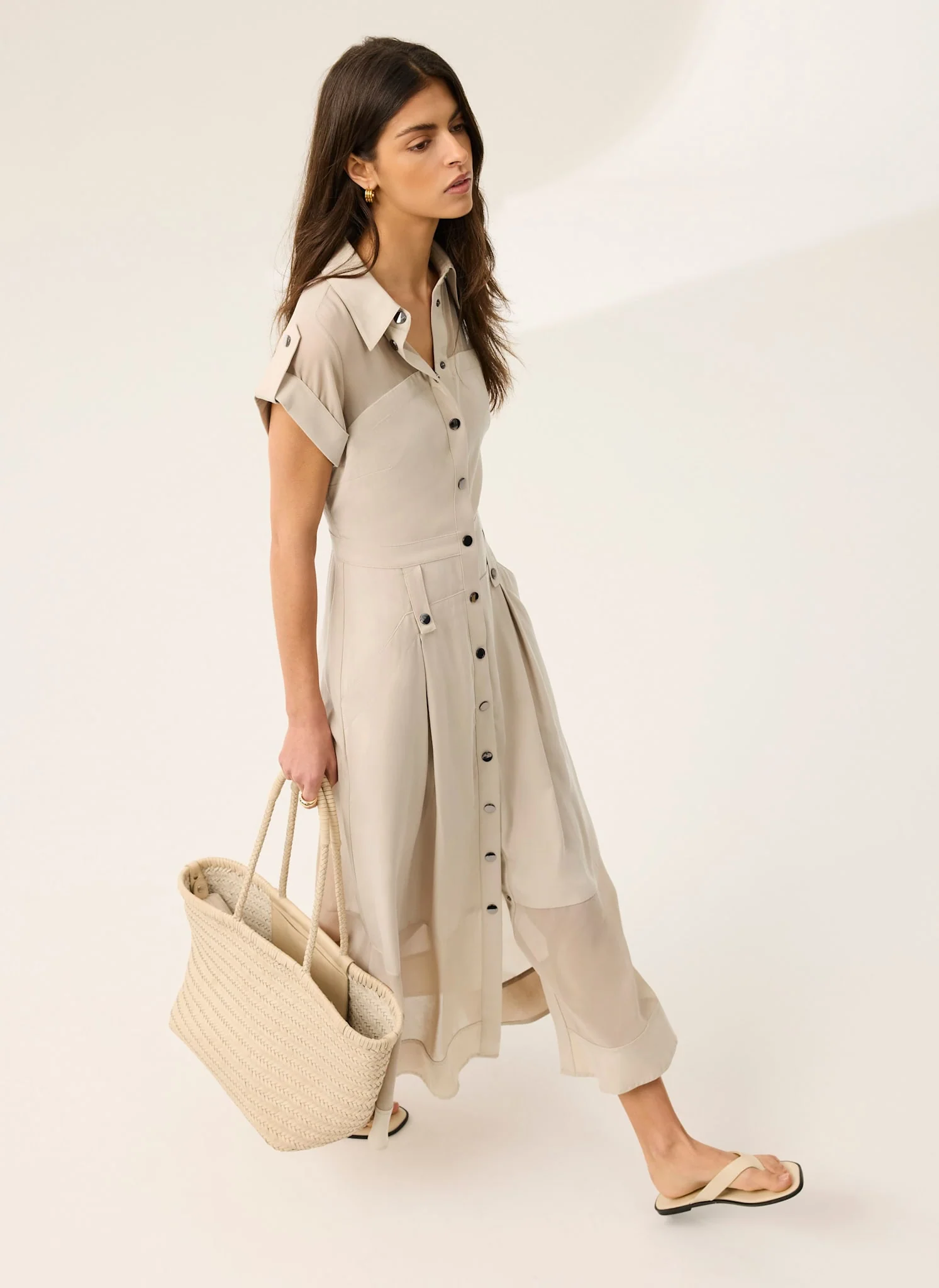 Neutral Utility Midi Shirt Dress