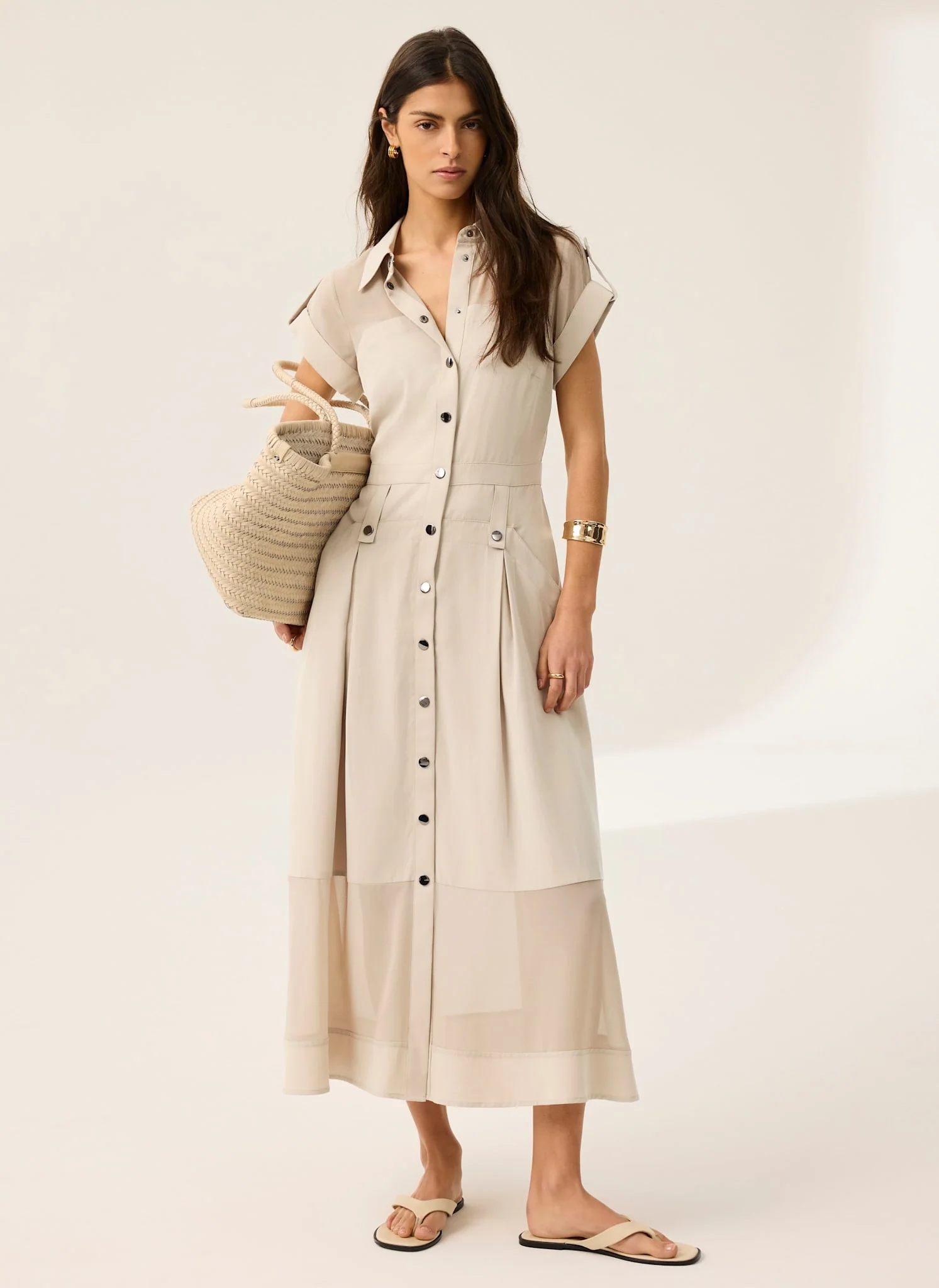 Neutral Utility Midi Shirt Dress