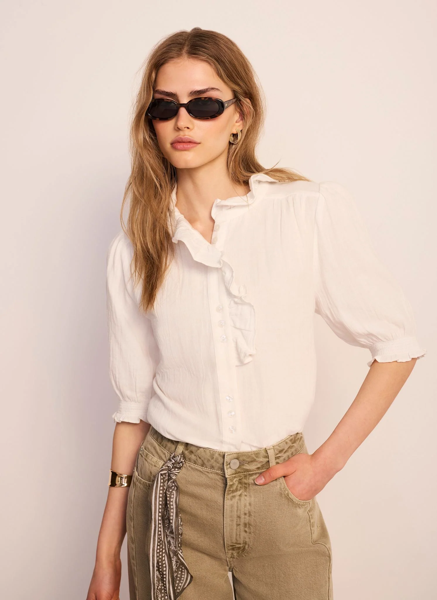 White Cotton Cheesecloth Ruffle Blouse