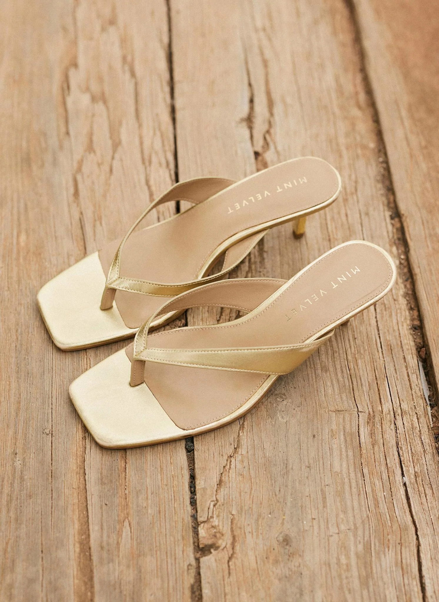 Betty Gold Leather Flip Flop Heels